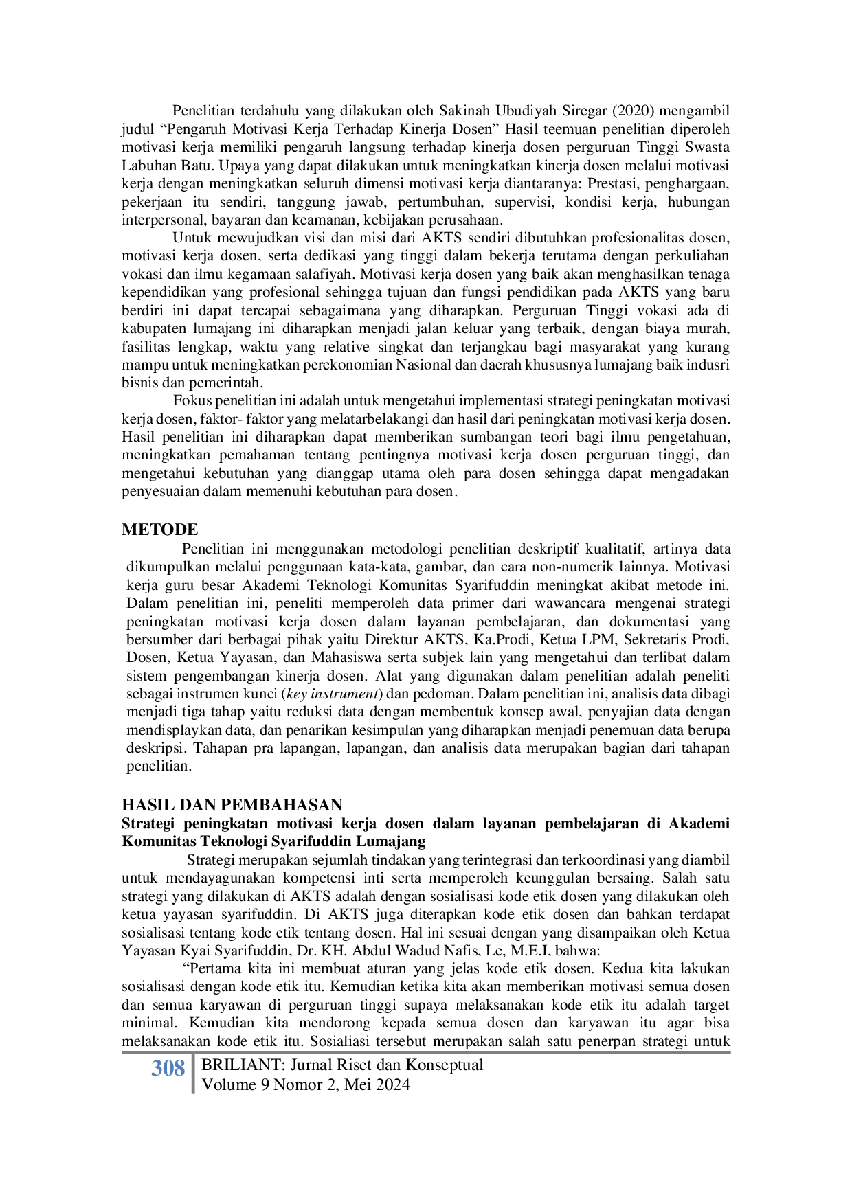 JURIS Strategi Peningkatan Motivasi Kerja Dosen Dalam Layanan Pembelajaran Studi Kasus di Akademi Komunitas Teknologi Syarifuddin Lumajang