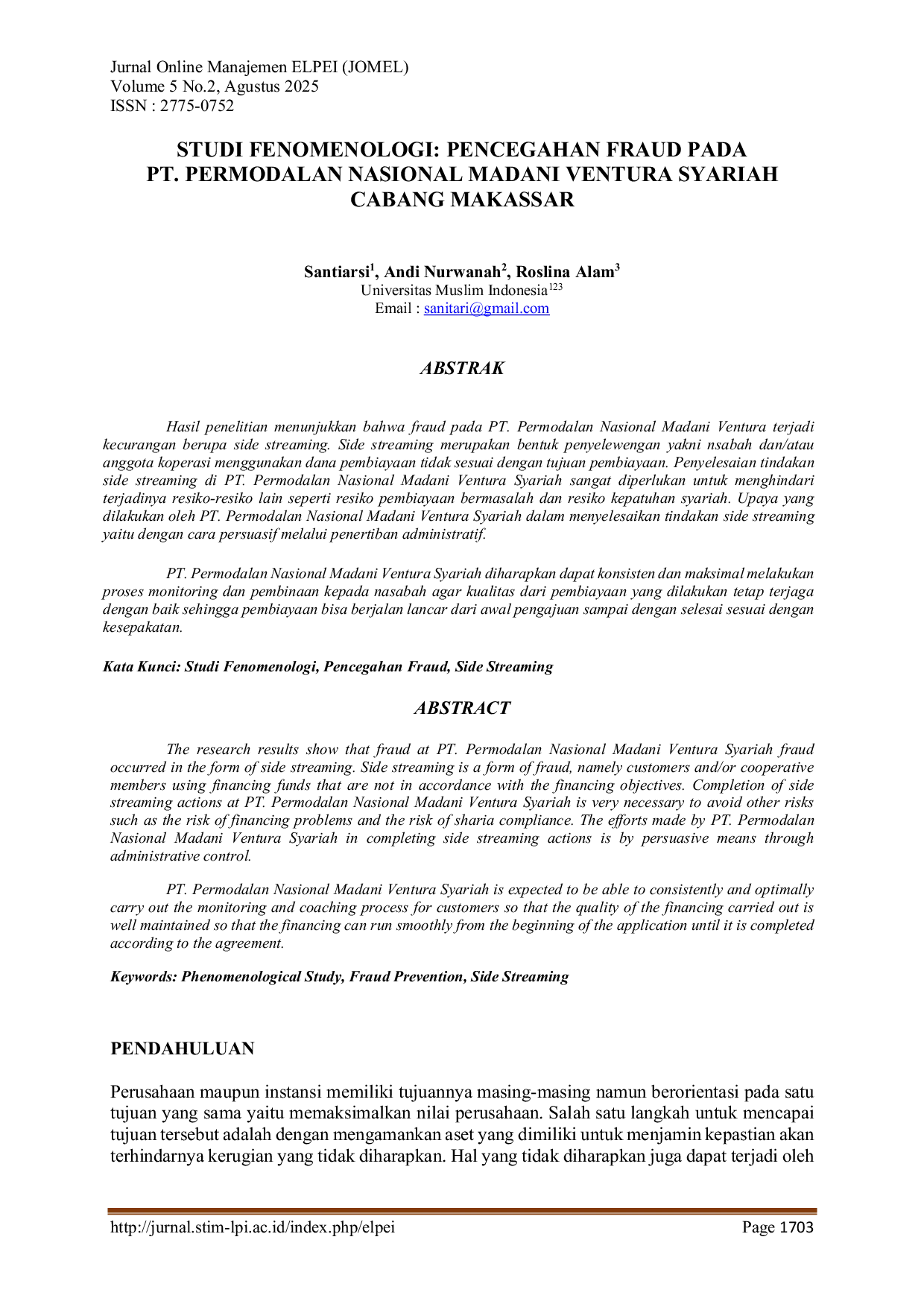 JURIS Phenomenological Study Fraud Prevention at PT Permodalan Nasional Madani Ventura Syariah Makassar Branch