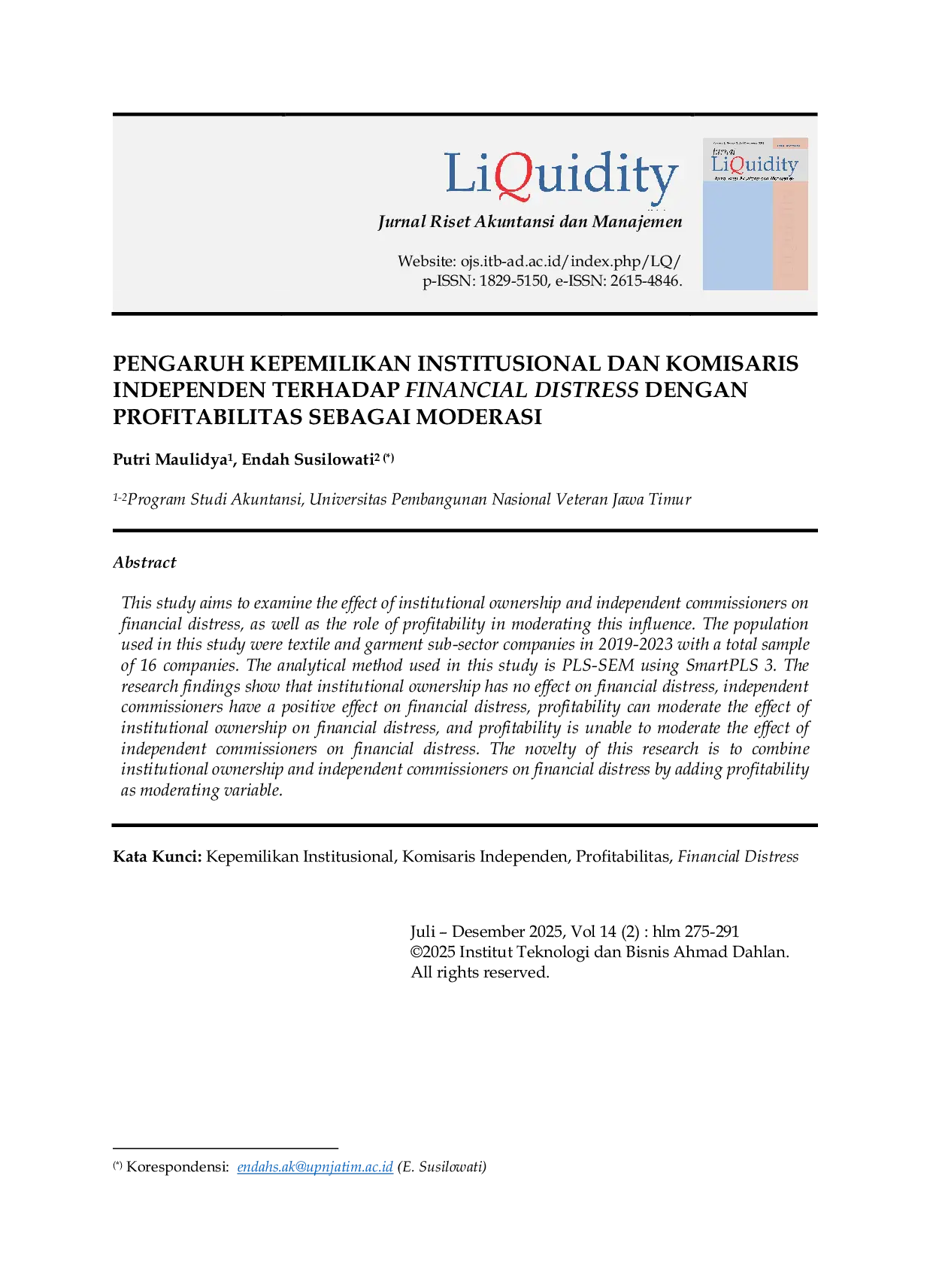 JURIS Pengaruh Kepemilikan Institusional dan Komisaris Independen Terhadap Financial Distress Dengan Profitabilitas Sebagai Moderasi