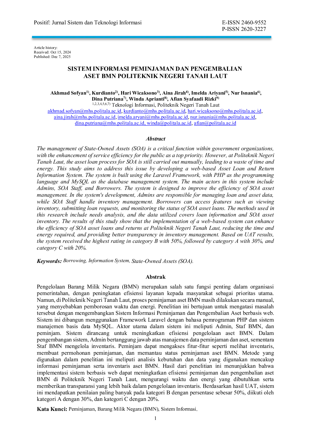 JURIS Sistem Informasi Peminjaman Dan Pengembalian Aset Bmn Politeknik Negeri Tanah Laut