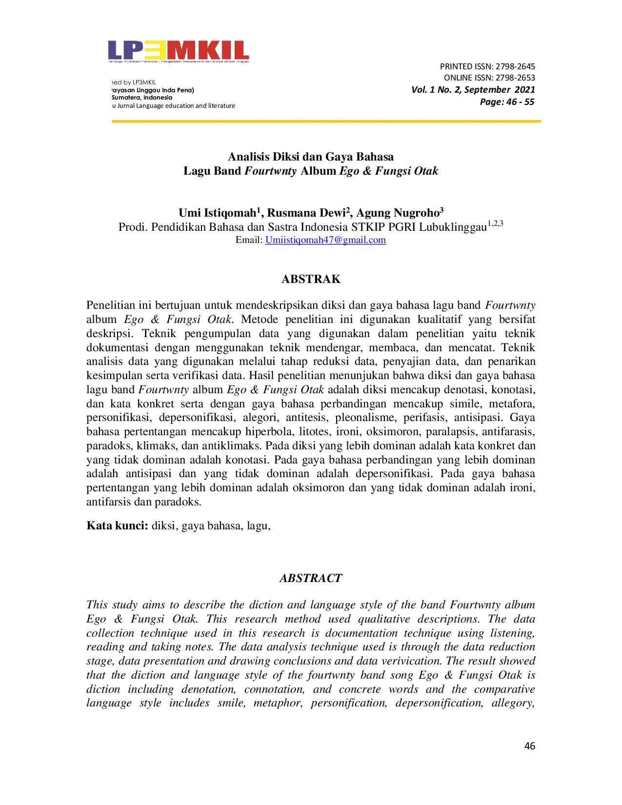 JURIS Analisis Diksi dan Gaya Bahasa Lagu Band Fourtwnty Album Ego dan Fungsi Otak
