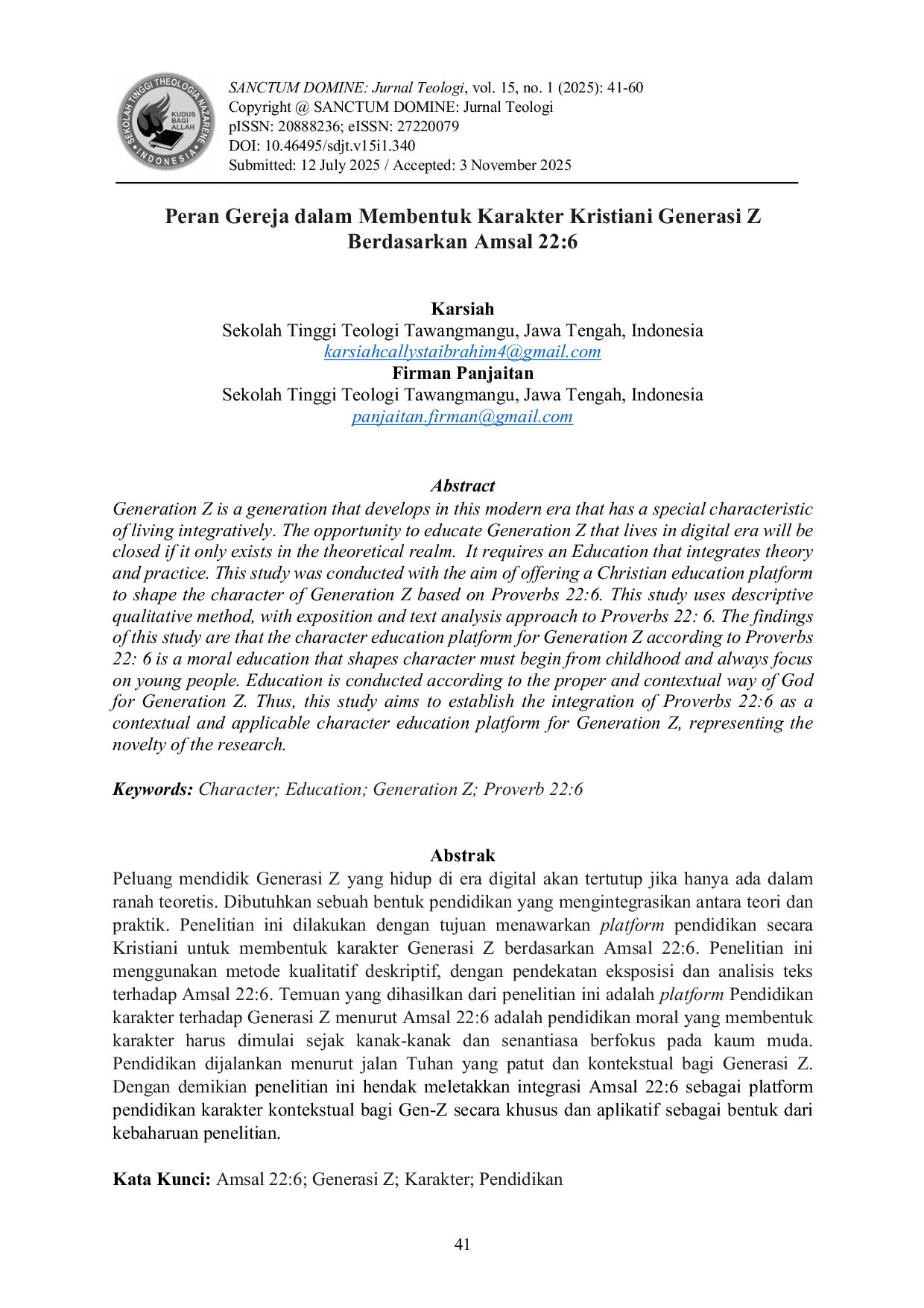 JURIS Peran Gereja dalam Membentuk Karakter Kristiani Generasi Z Berdasarkan Amsal 22 6