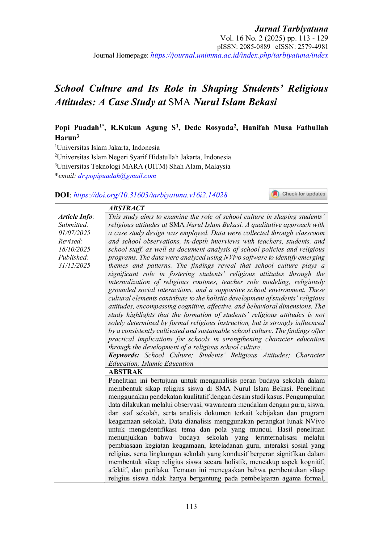 JURIS School Culture and Its Role in Shaping Students Religious Attitudes A Case Study at SMA Nurul Islam Bekasi