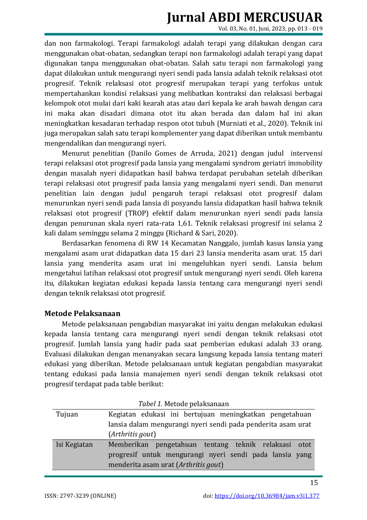 JURIS Edukasi Manajemen Nyeri Sendi Pada Lansia Di Rw 14 Kecamatan Nanggalo Kota Padang