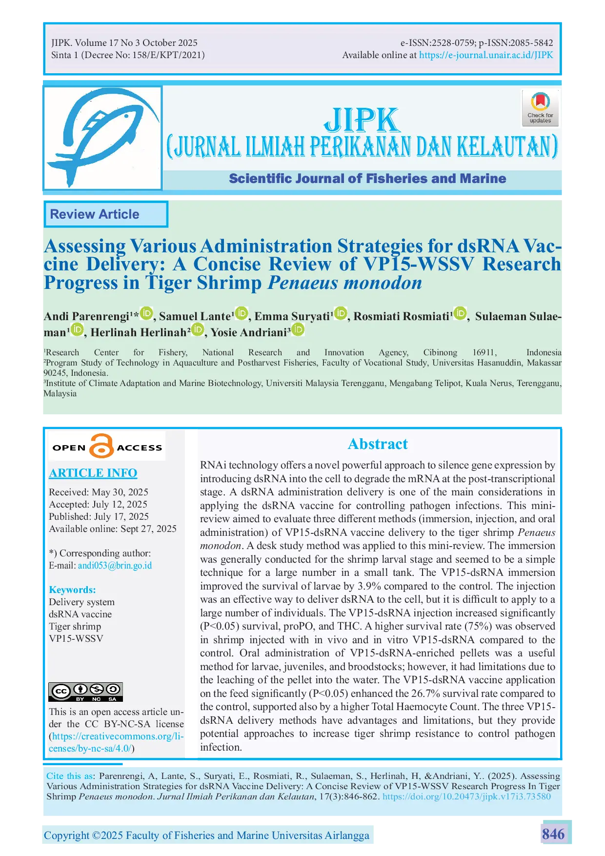 JURIS Assessing various administration strategies for dsRNA vaccine delivery a concise review of VP15 WSSV research progress in tiger shrimp Penaeus monodon