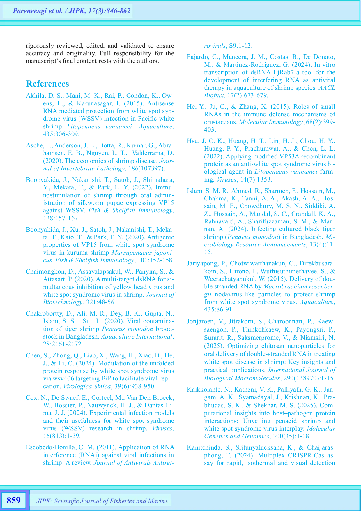 JURIS Assessing various administration strategies for dsRNA vaccine delivery a concise review of VP15 WSSV research progress in tiger shrimp Penaeus monodon