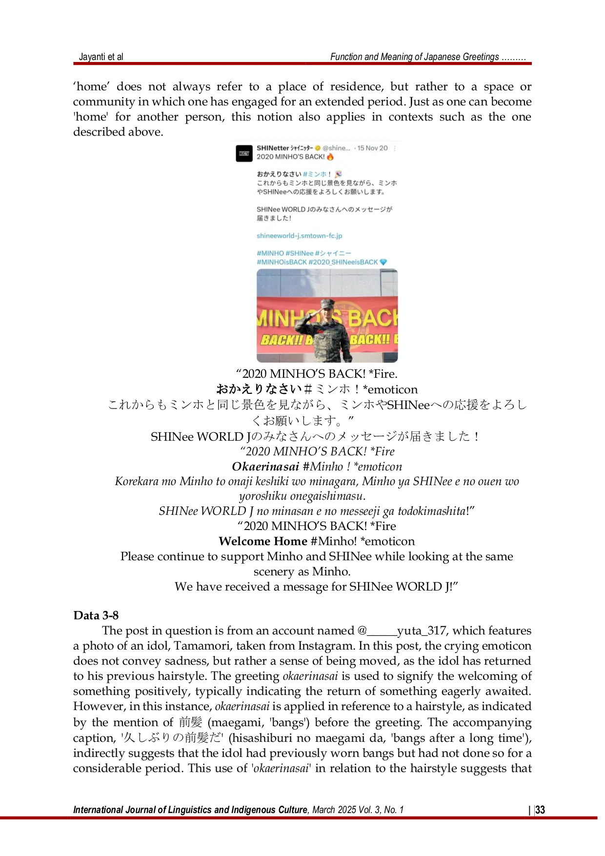 JURIS Function and Meaning of Japanese Greetings Tadaima and Okaerinasai on Social Media X Sociolinguistic Study