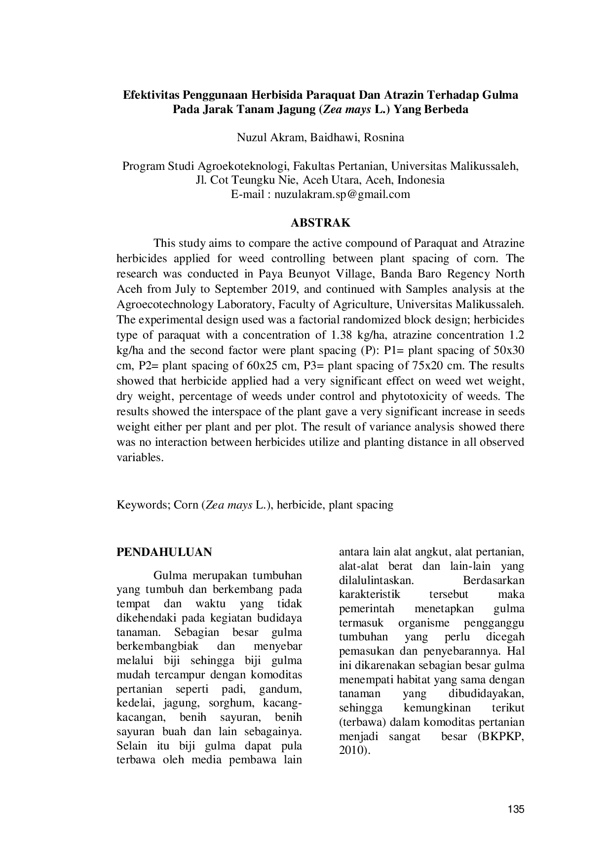 JURIS Efektivitas Penggunaan Herbisida Paraquat Dan Atrazin Terhadap Gulma Pada Jarak Tanam Jagung Zea mays L Yang Berbeda