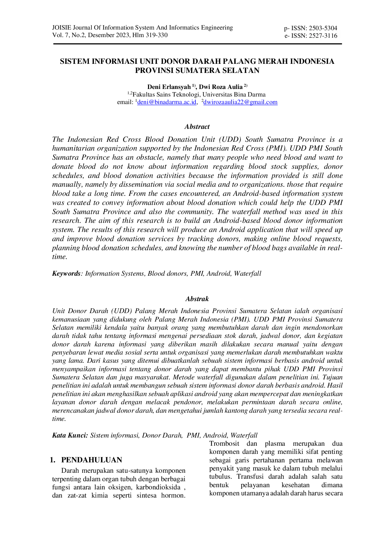 JURIS Sistem Informasi Unit Donor Darah Palang Merah Indonesia Provinsi Sumatera Selatan