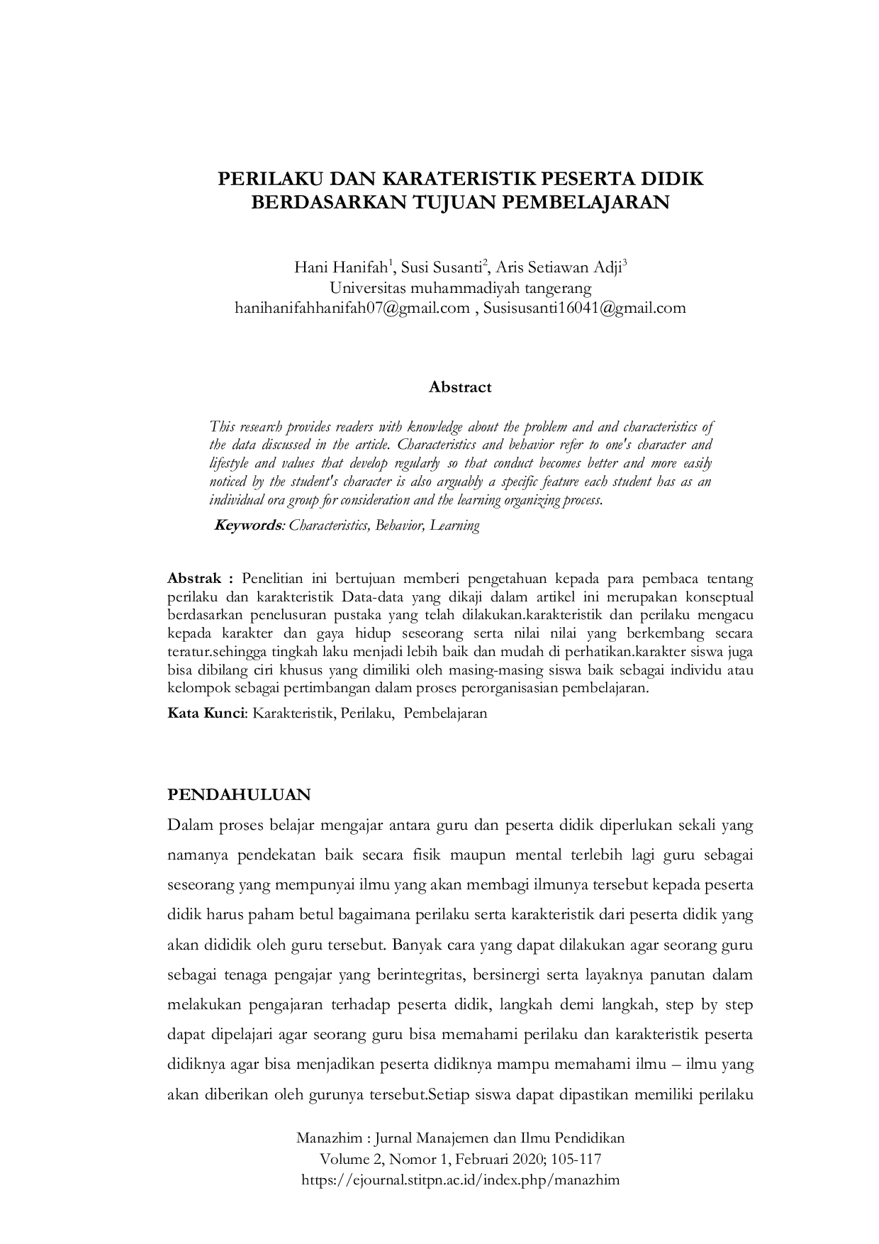 JURIS Perilaku Dan Karateristik Peserta Didik Berdasarkan Tujuan Pembelajaran