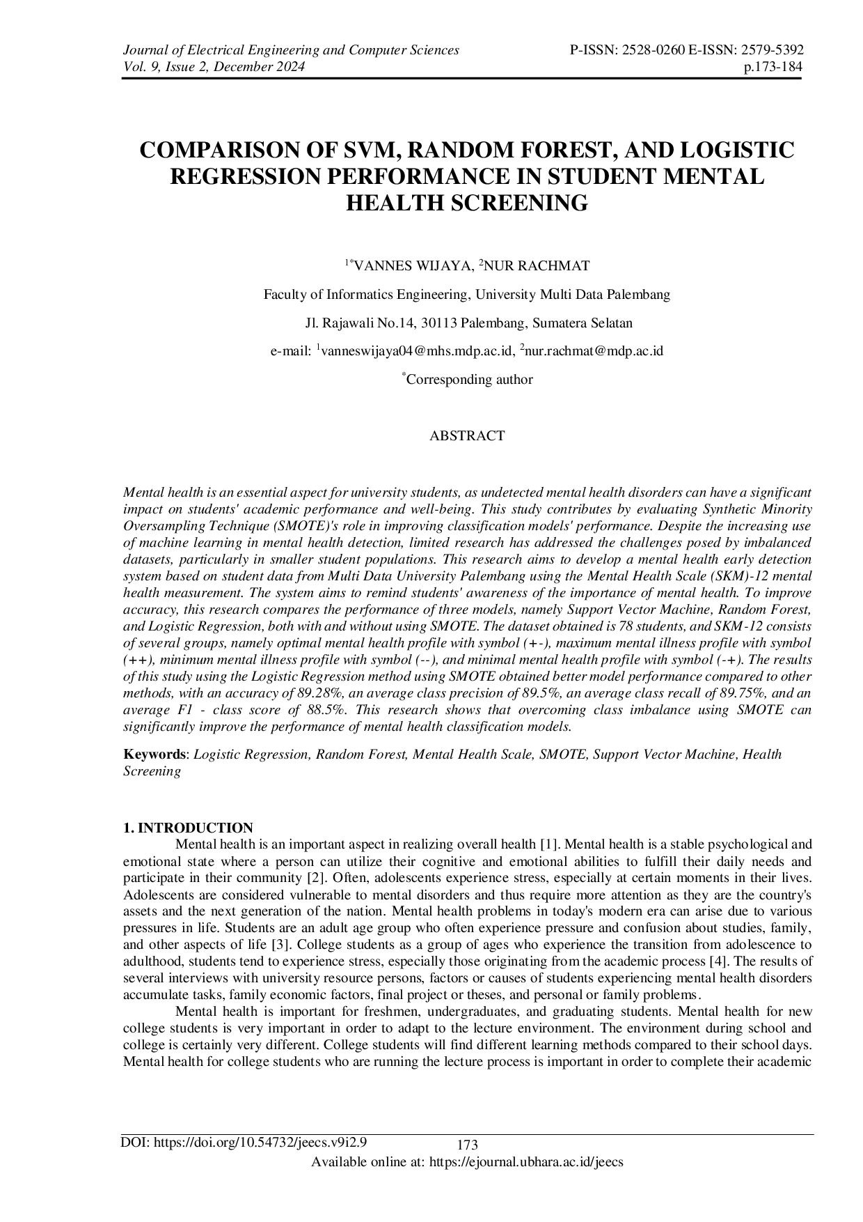 JURIS Comparison of SVM Random Forest and Logistic Regression Performance n Student Mental Health Screening