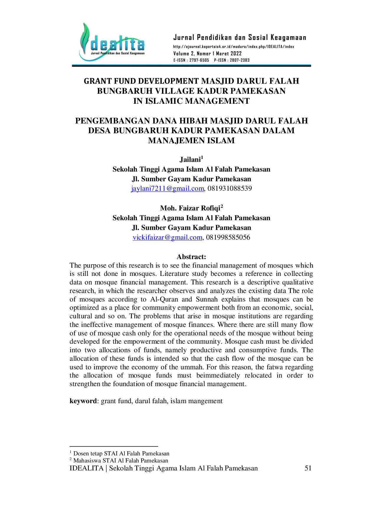 JURIS Pengembangan Dana Hibah Masjid Darul Falah Desa Bungbaruh Kadur Pamekasan Dalam Manajemen Islam
