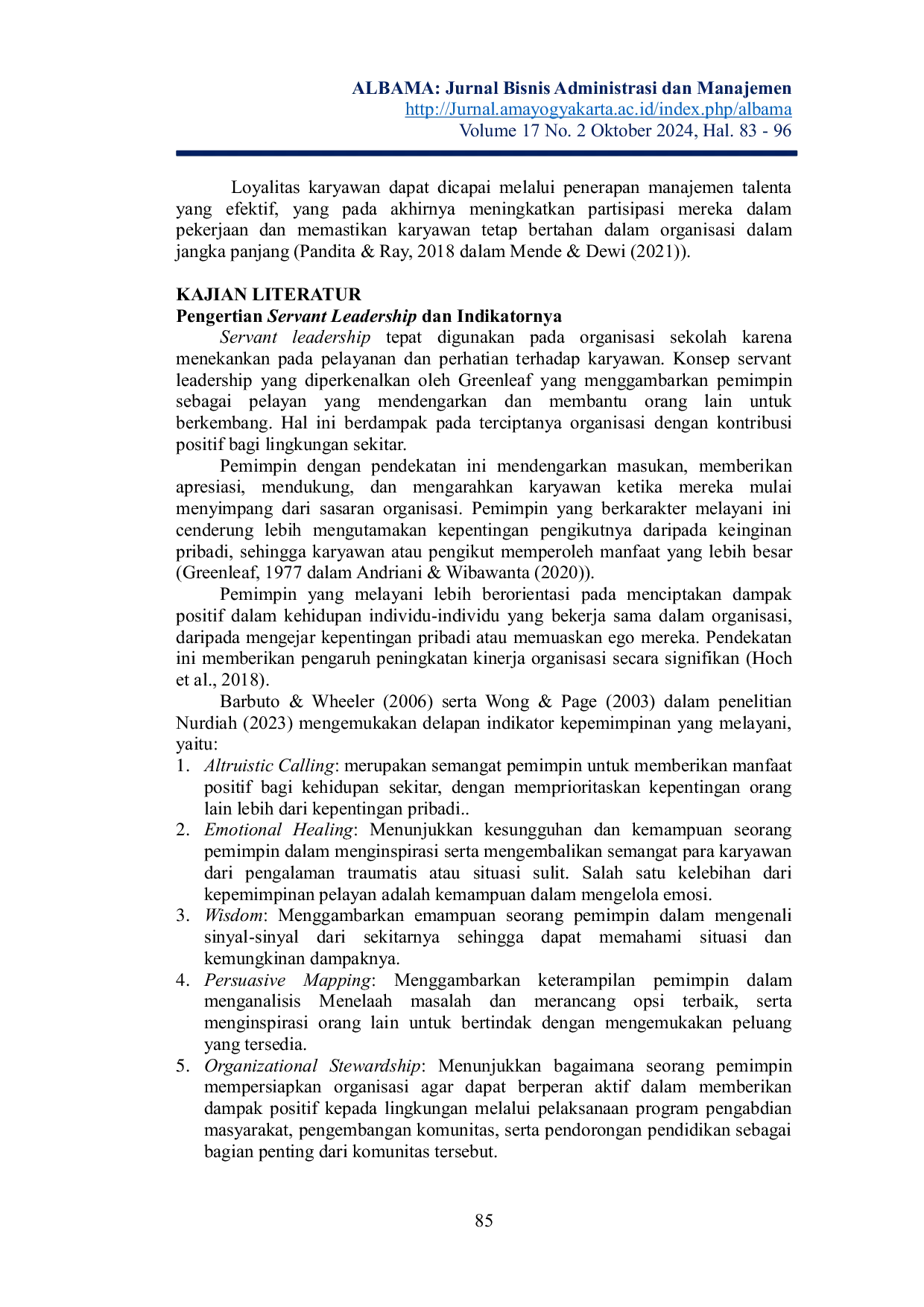 JURIS Pengaruh Servant Leadership dan Talent Management terhadap Kinerja Guru Paguyuban Sekolah Penggerak Angkatan 2 Kota Yogyakarta dengan Employee Engagement sebagai Variabel Intervening