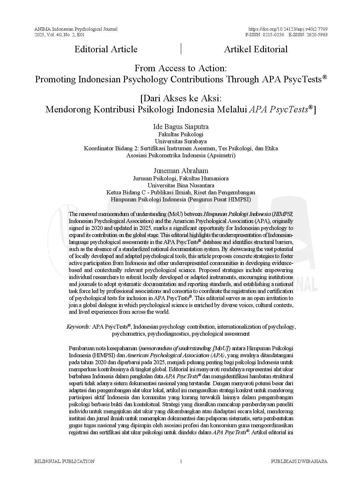 JURIS Dari Akses ke Aksi Mendorong Kontribusi Psikologi Indonesia Melalui APA PsycTests