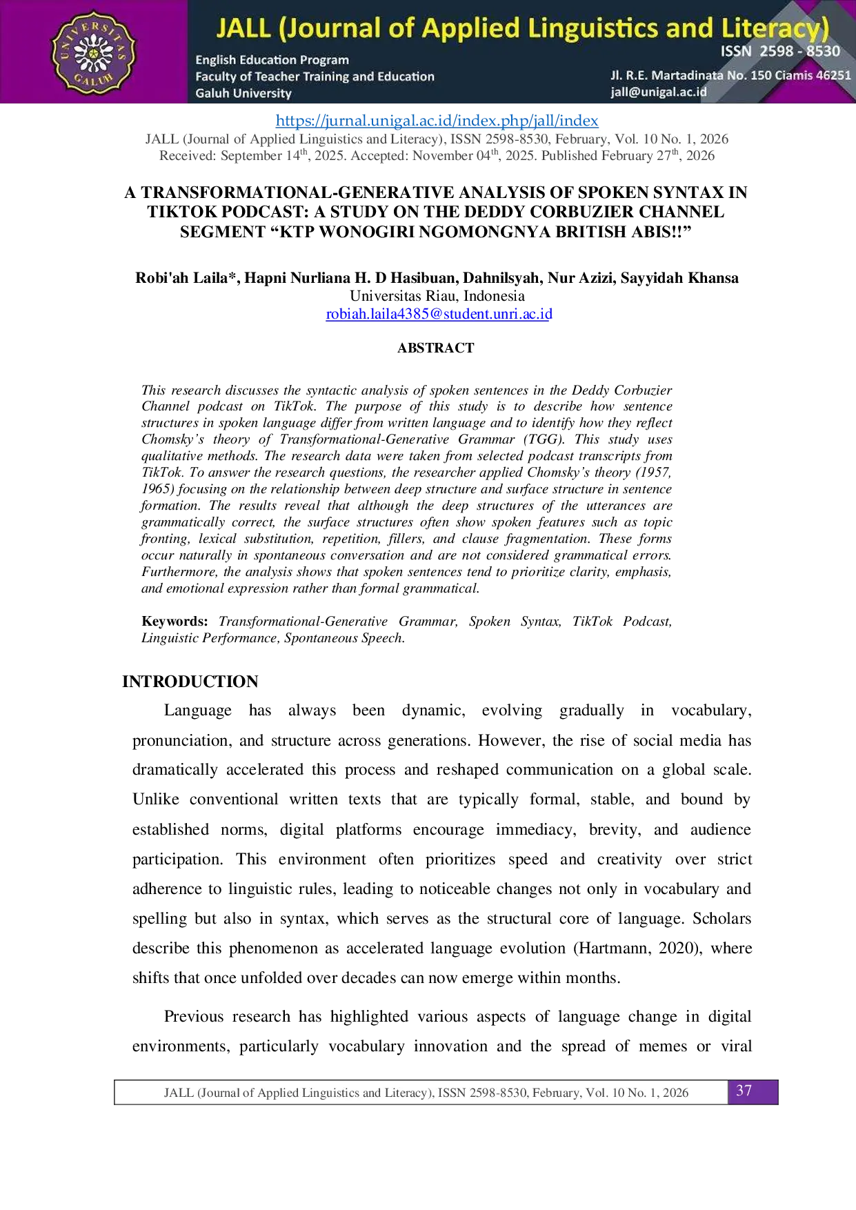 JURIS A Transformational Generative Analysis of Spoken Syntax in TikTok Podcasts A Study on the Deddy Corbuzier Channel Segment KTP Wonogiri Ngomongnya British Abis