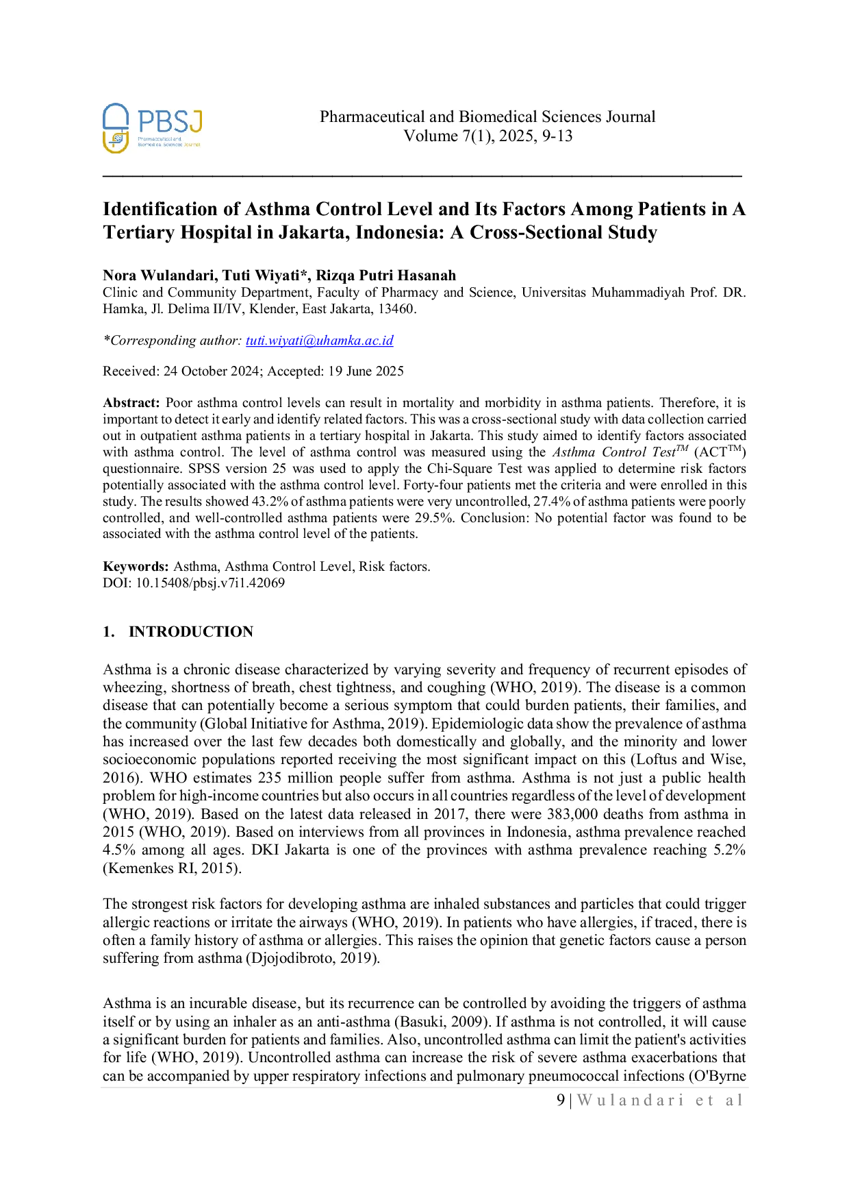 JURIS Identification Asthma Control Level And Its Factor Among Patient in A Tertiary Hospitals In Jakarta Indonesia A Cross Sectional Study