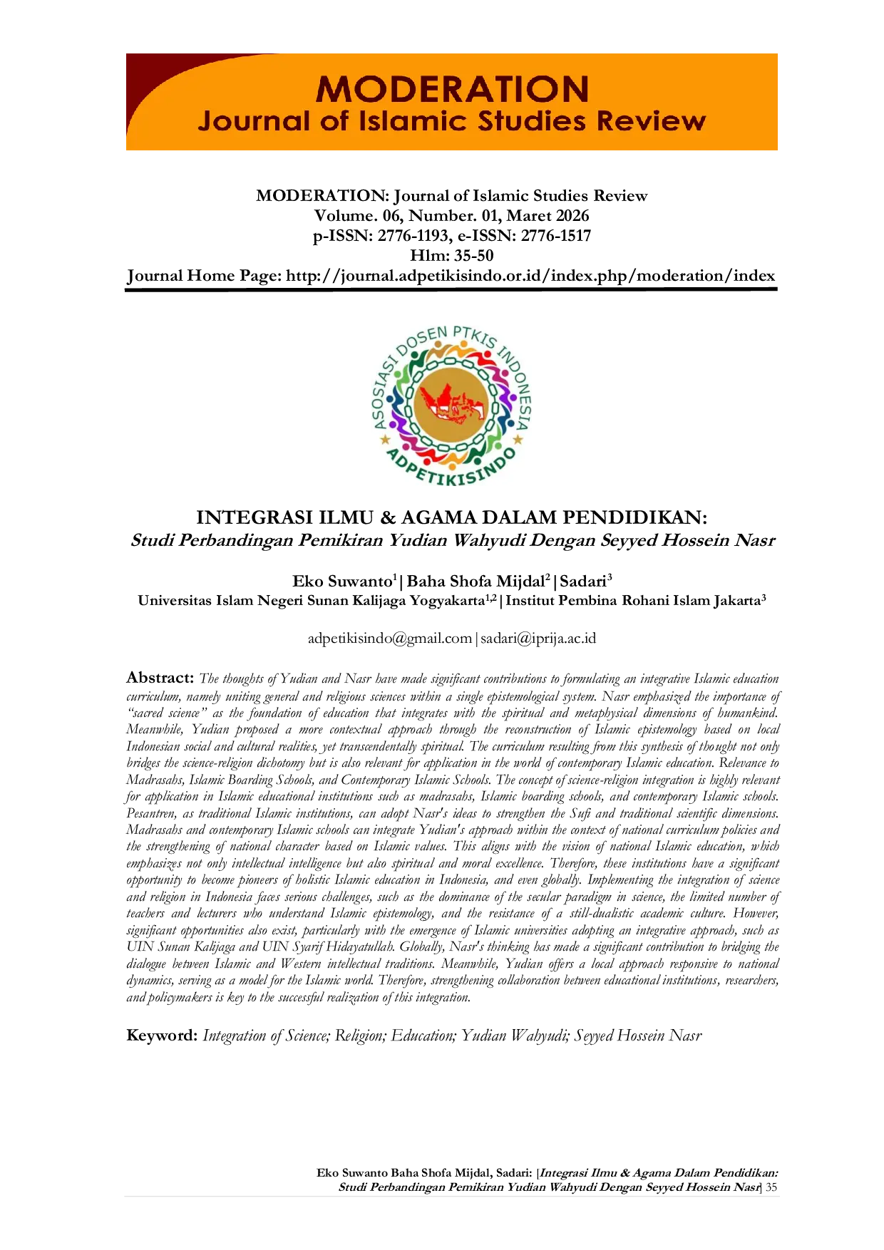 JURIS INTEGRASI ILMU AGAMA DALAM PENDIDIKAN Studi Perbandingan Pemikiran Yudian Wahyudi Dengan Seyyed Hossein Nasr