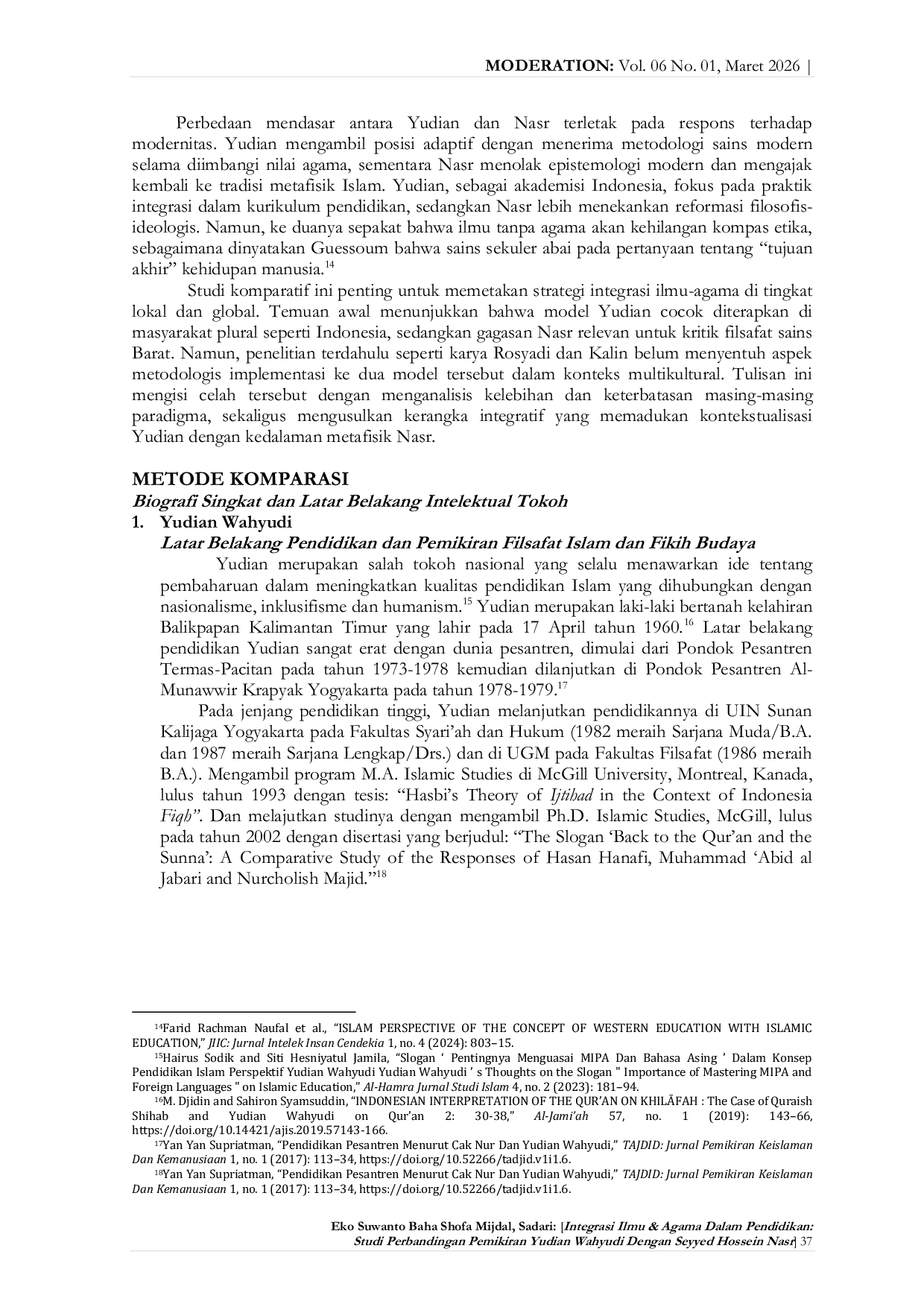 JURIS INTEGRASI ILMU AGAMA DALAM PENDIDIKAN Studi Perbandingan Pemikiran Yudian Wahyudi Dengan Seyyed Hossein Nasr