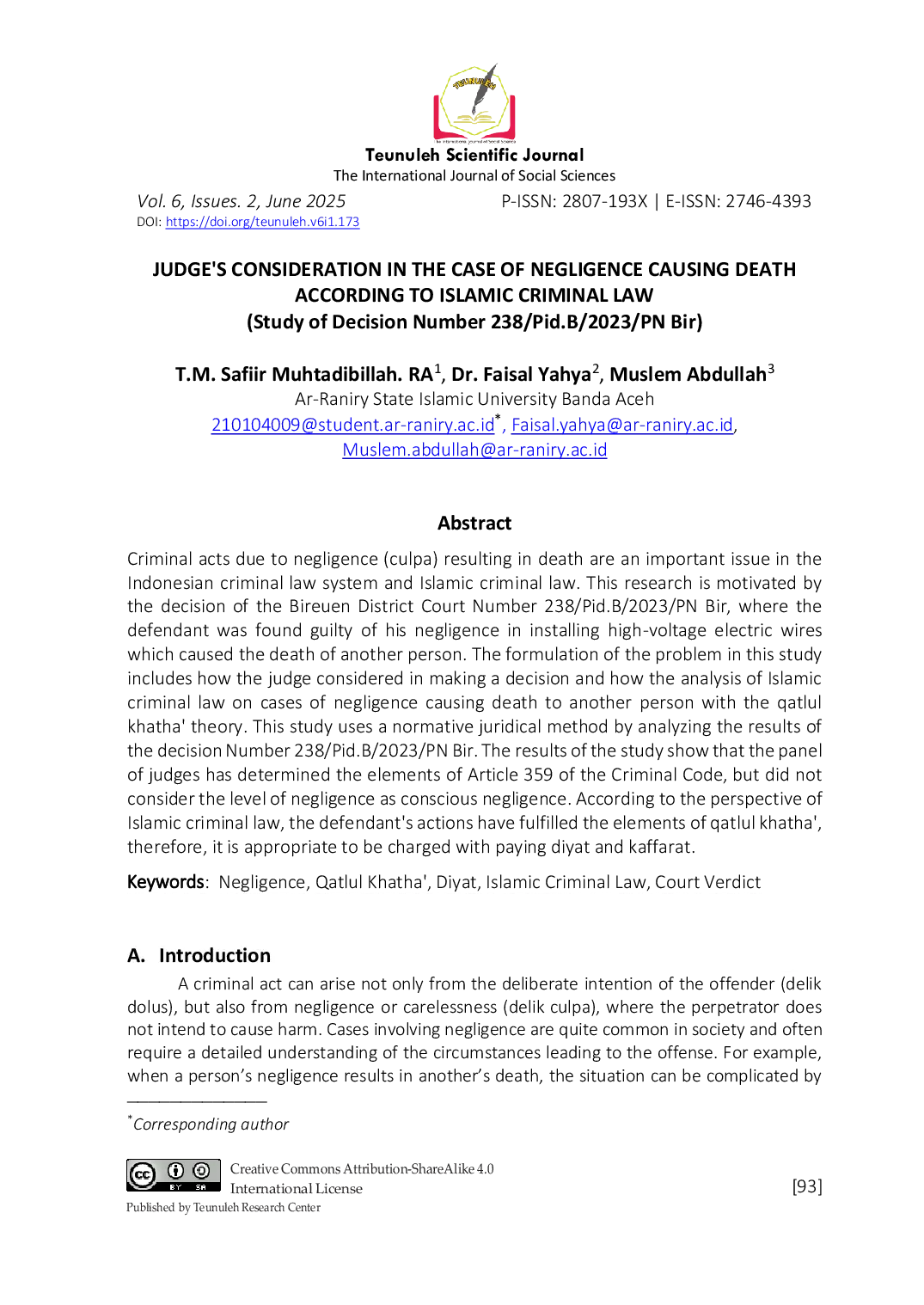 JURIS Judge s Consideration in The Case of Forgetfulness of The Cause of Death According to Islamic Criminal Law
