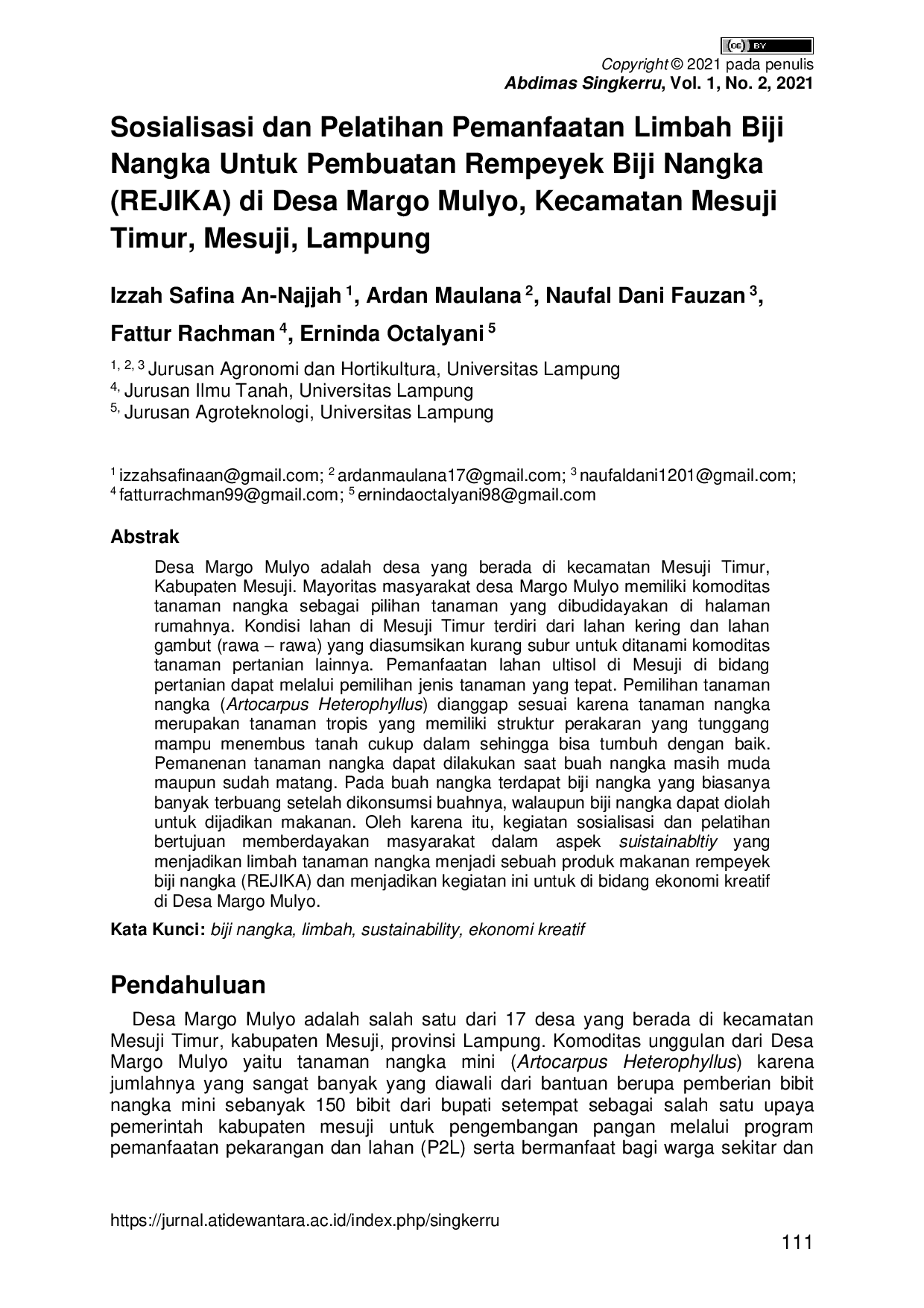 JURIS Sosialisasi dan Pelatihan Pemanfaatan Limbah Biji Nangka Untuk Pembuatan Rempeyek Biji Nangka REJIKA di Desa Margo Mulyo Kecamatan Mesuji Timur Mesuji Lampung