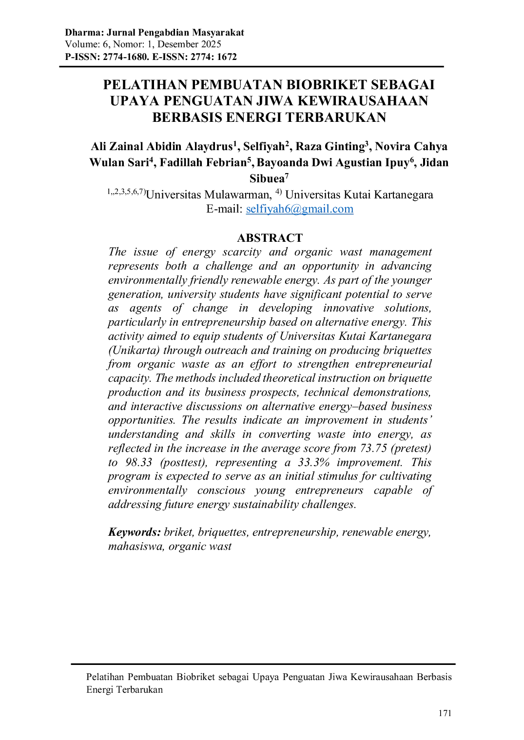 JURIS Pelatihan Pembuatan Biobriket sebagai Upaya Penguatan Jiwa Kewirausahaan Berbasis Energi Terbarukan