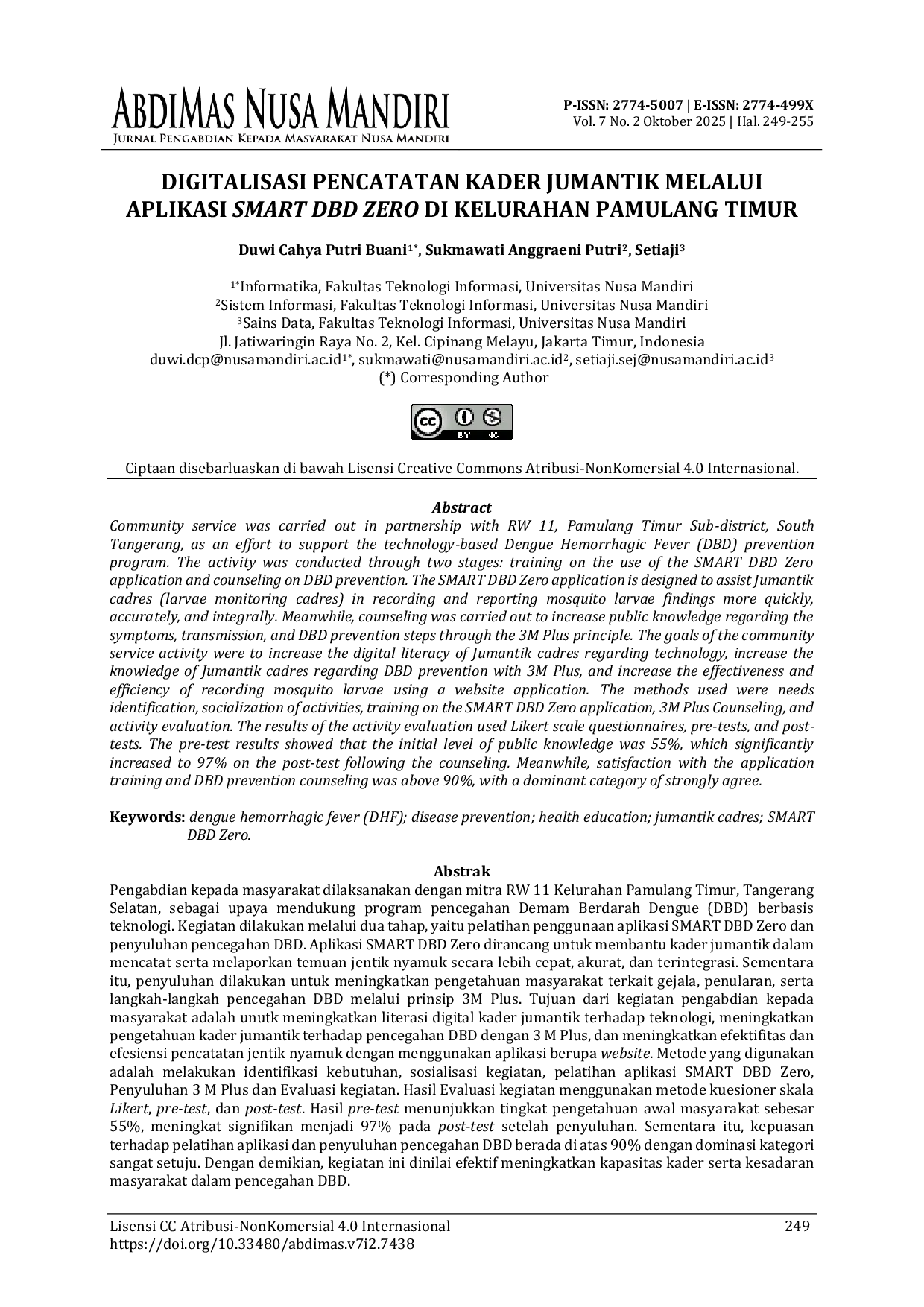 JURIS Digitalisasi Pencatatan Kader Jumantik Melalui Aplikasi Smart DBD Zero Di Kelurahan Pamulang Timur
