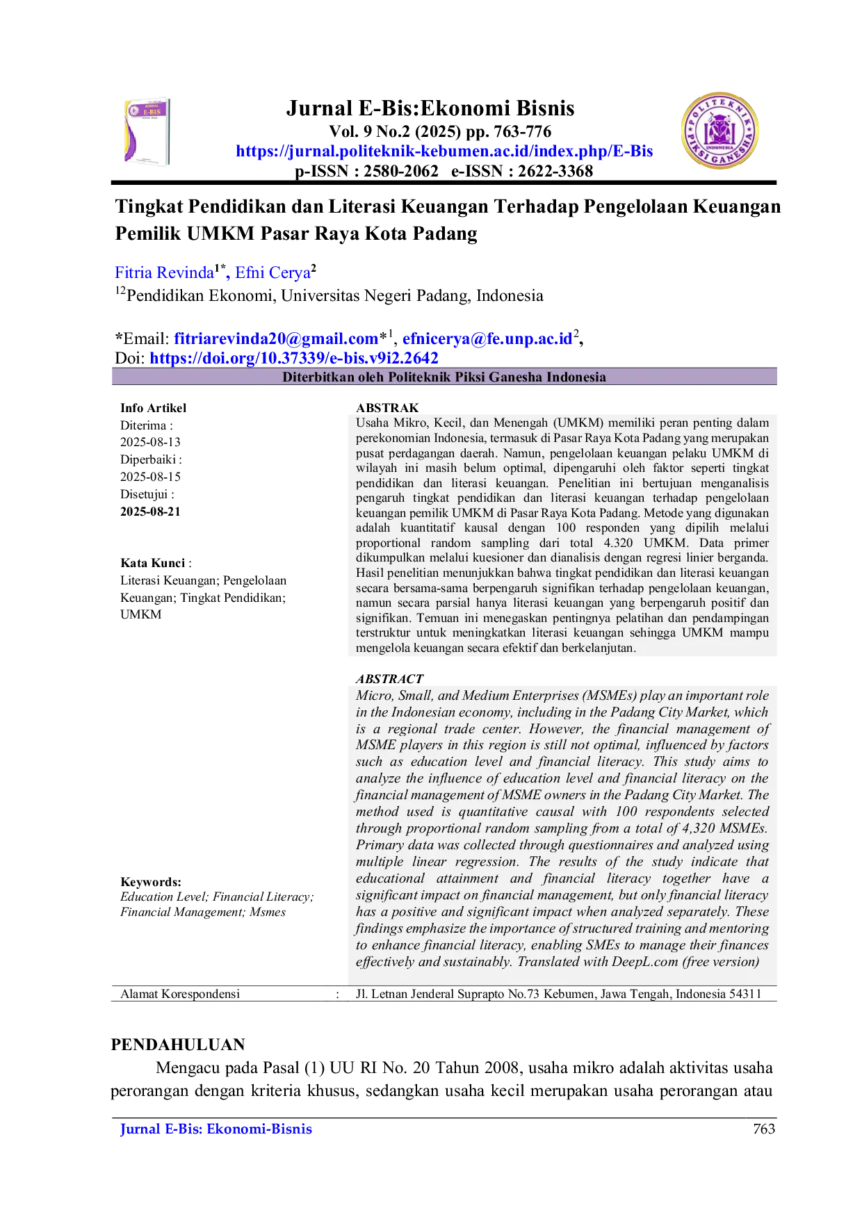 JURIS Tingkat Pendidikan dan Literasi Keuangan Terhadap Pengelolaan Keuangan Pemilik UMKM Pasar Raya Kota Padang