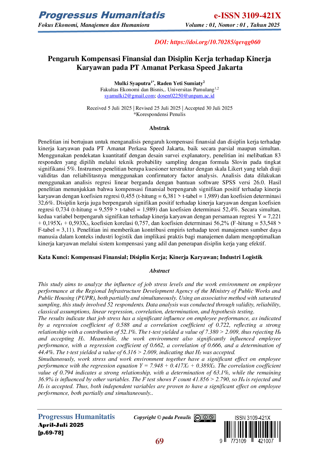 JURIS Pengaruh Kompensasi Finansial dan Disiplin Kerja terhadap Kinerja Karyawan pada PT Amanat Perkasa Speed Jakarta