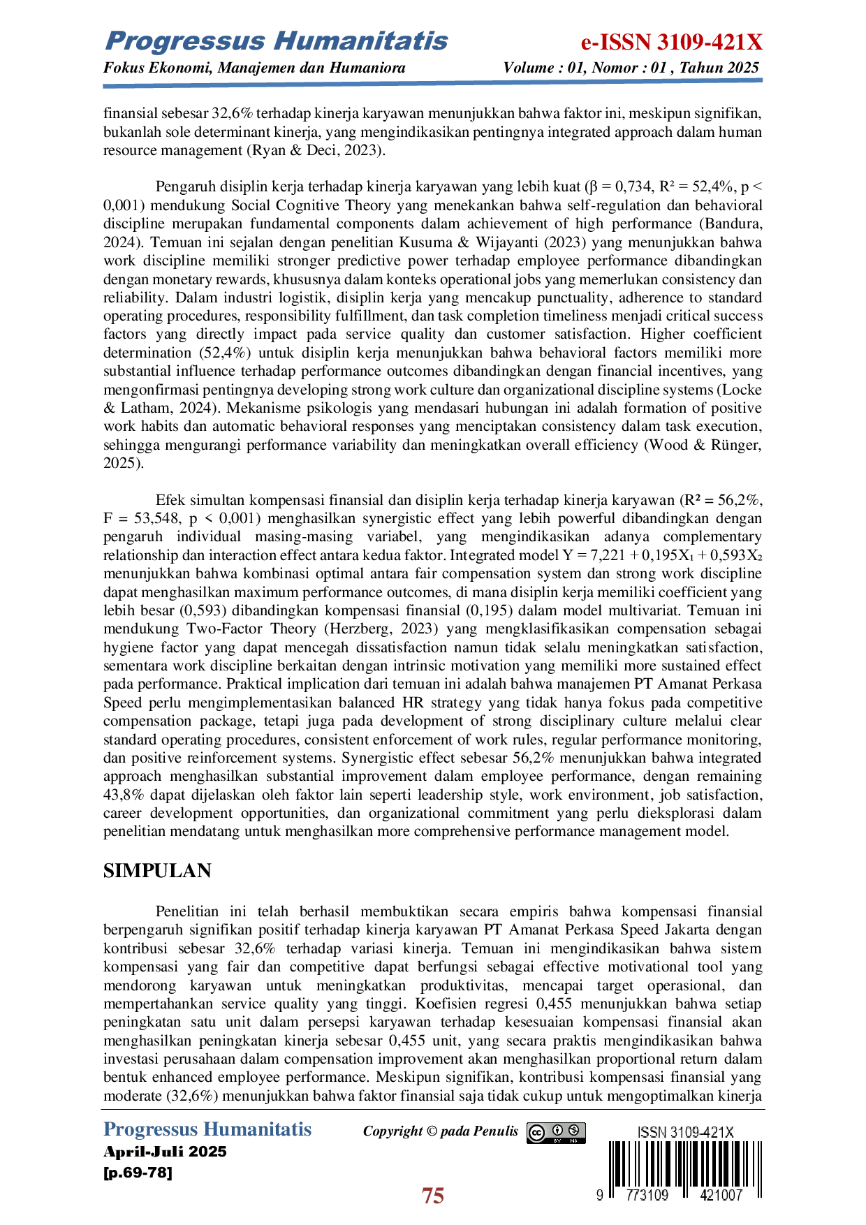 JURIS Pengaruh Kompensasi Finansial dan Disiplin Kerja terhadap Kinerja Karyawan pada PT Amanat Perkasa Speed Jakarta