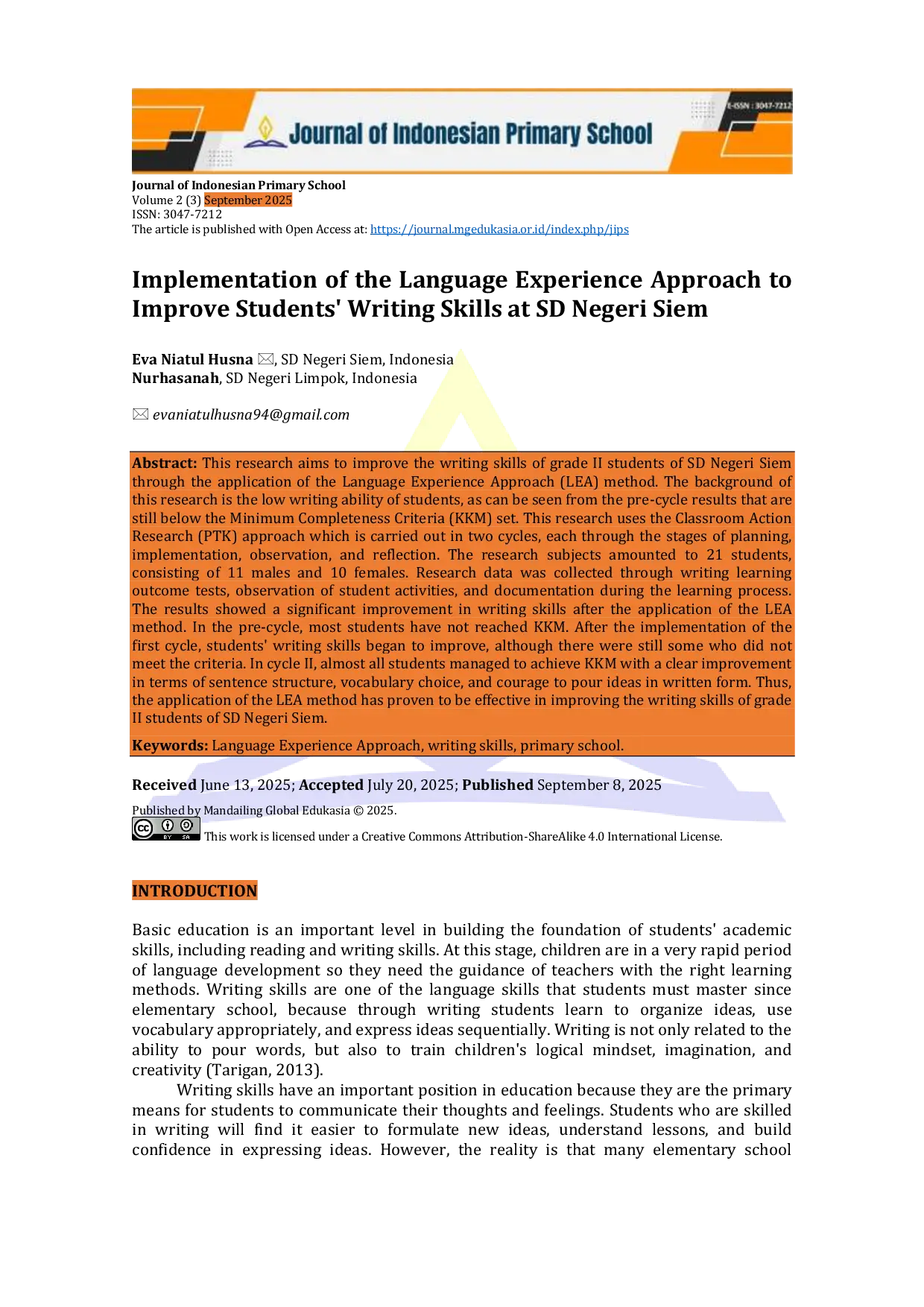 JURIS Implementation of the Language Experience Approach to Improve Students Writing Skills at SD Negeri Siem