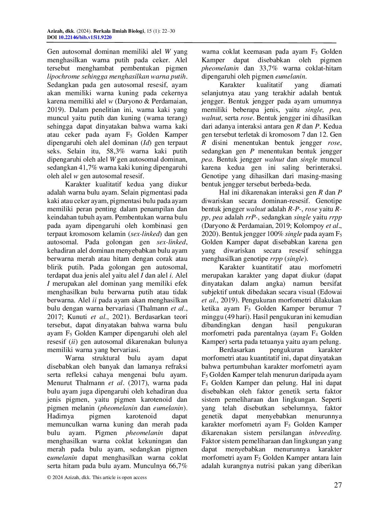 JURIS Karakter Fenotip dan Koefisien Inbreeding pada Ayam F5 Golden Kamper Gallus gallus domesticus