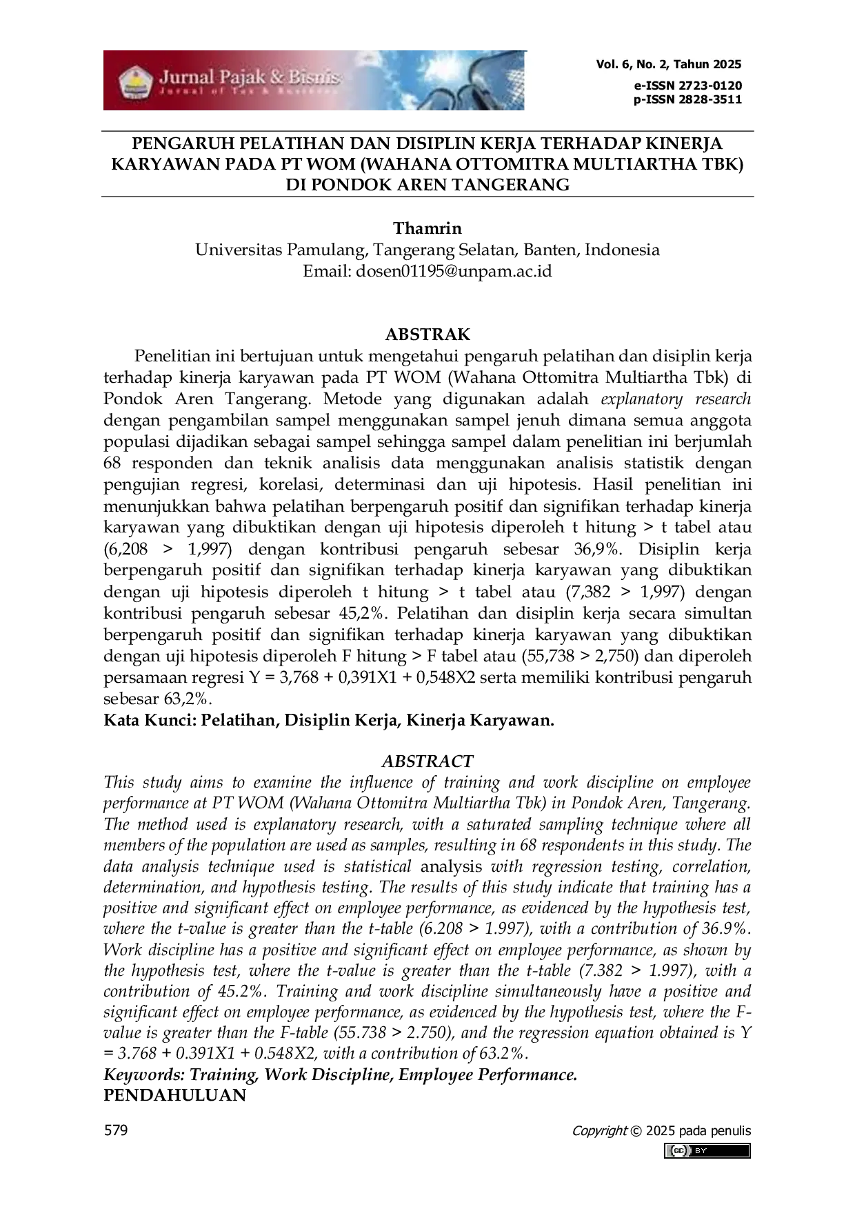 JURIS Pengaruh Pelatihan Dan Disiplin Kerja Terhadap Kinerja Karyawan Pada PT WOM Wahana Ottomitra Multiartha Tbk Di Pondok Aren Tangerang