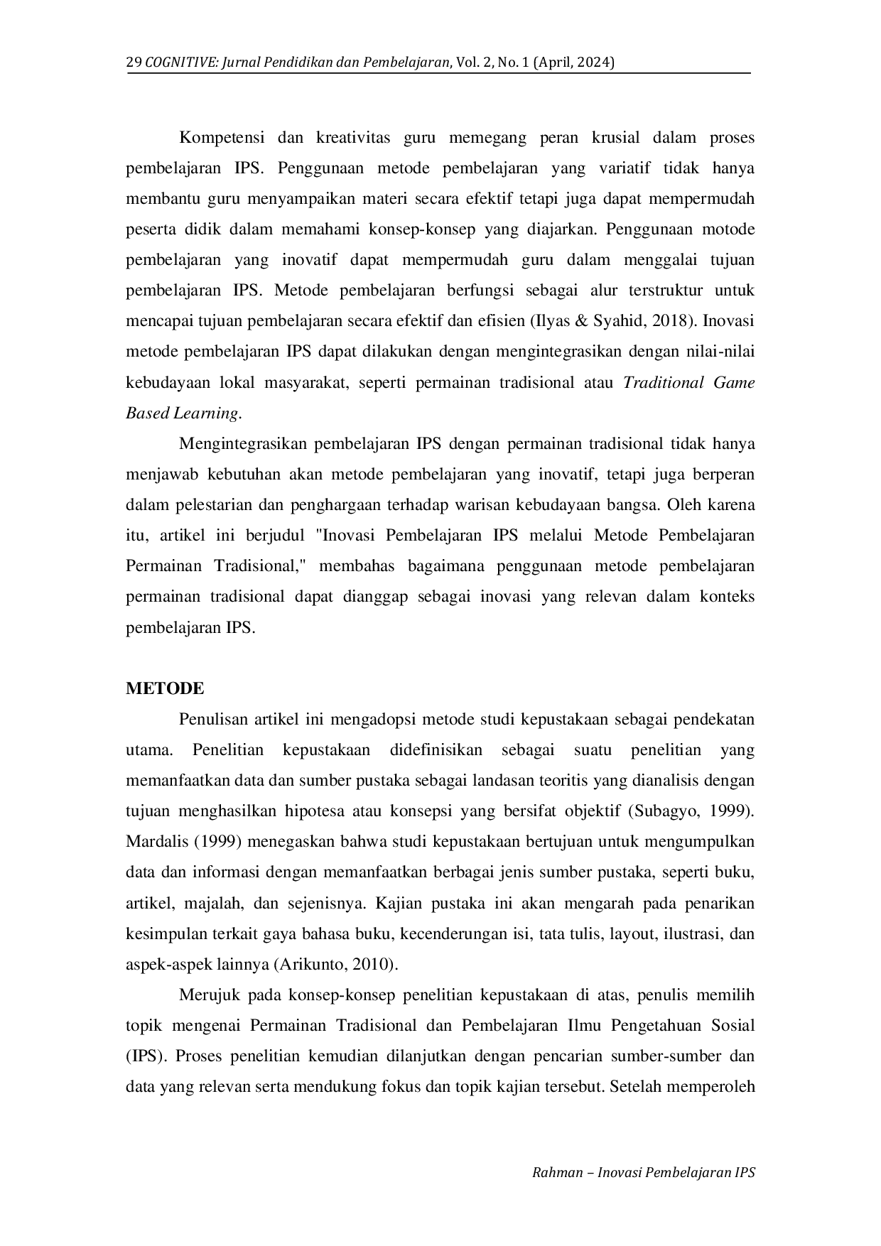 JURIS Inovasi Pembelajaran Ips Melalui Metode Pembelajaran Permainan Tradisional