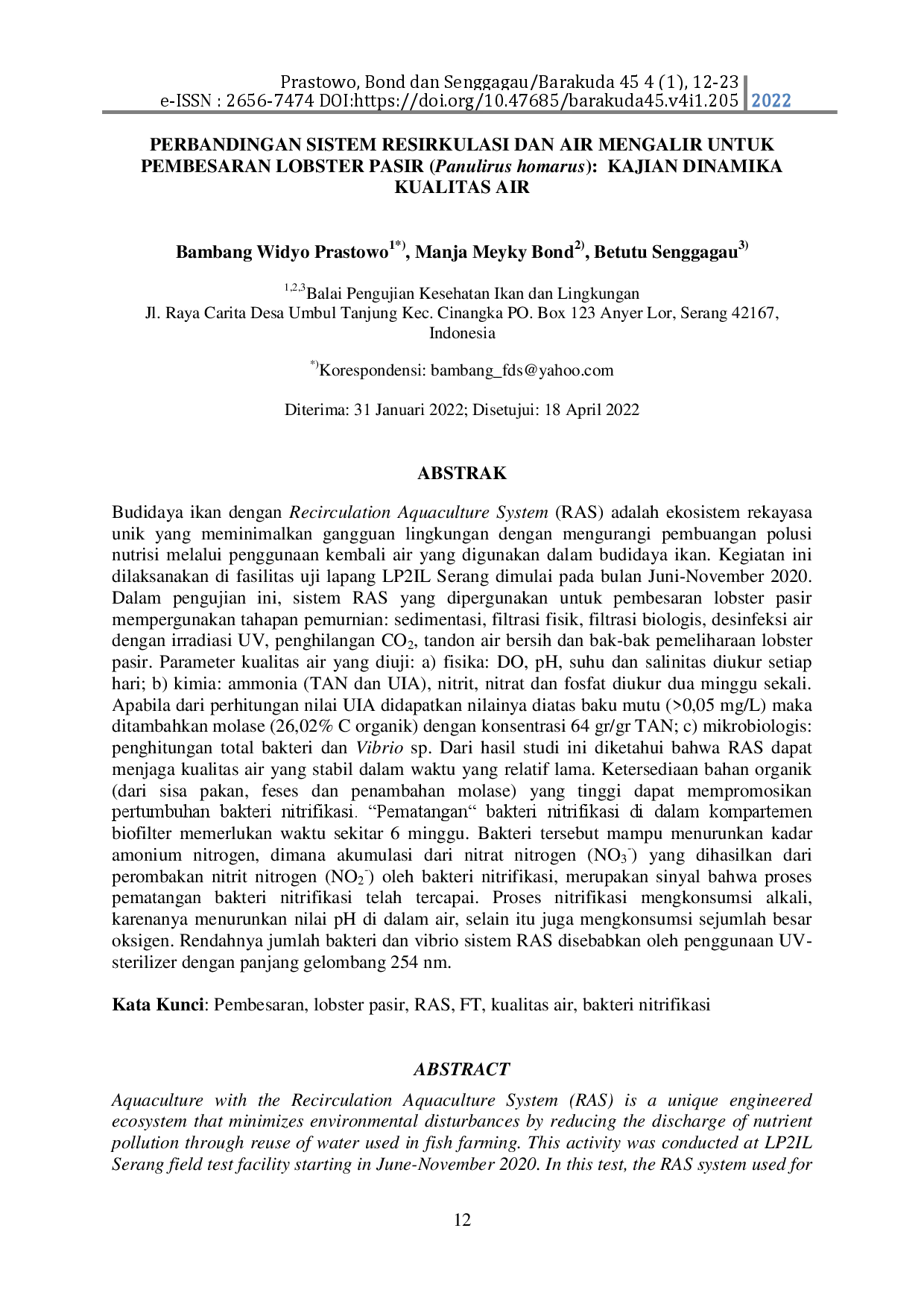 juris Perbandingan Sistem Resirkulasi dan Air Mengalir Untuk Pembesaran Lobster Pasir Panulirus Homarus Kajian Dinamika Kualitas Air