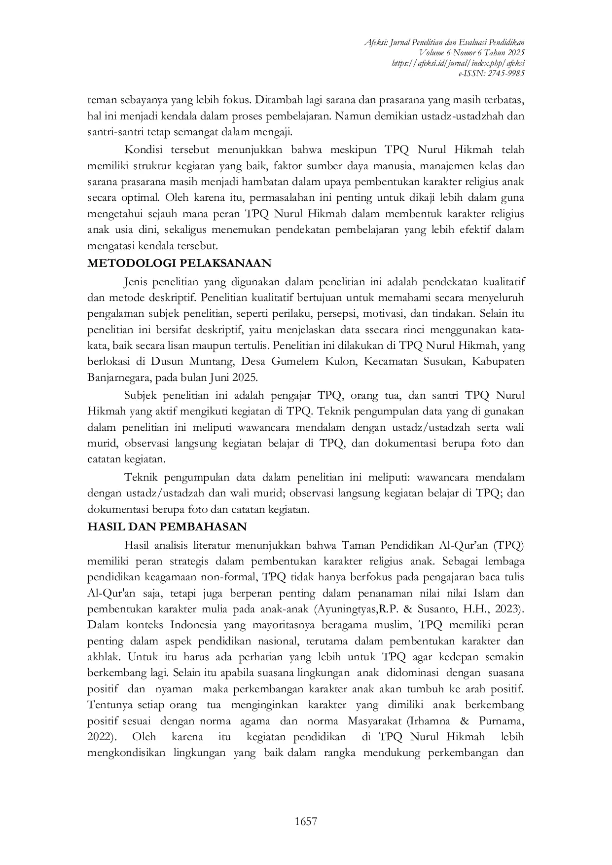 JURIS Pembentukan Karakter Religius Anak Usia Dini melalui pembelajaran di TPQ Nurul Hikmah Gumelem Kulon Susukan Banjarnegara