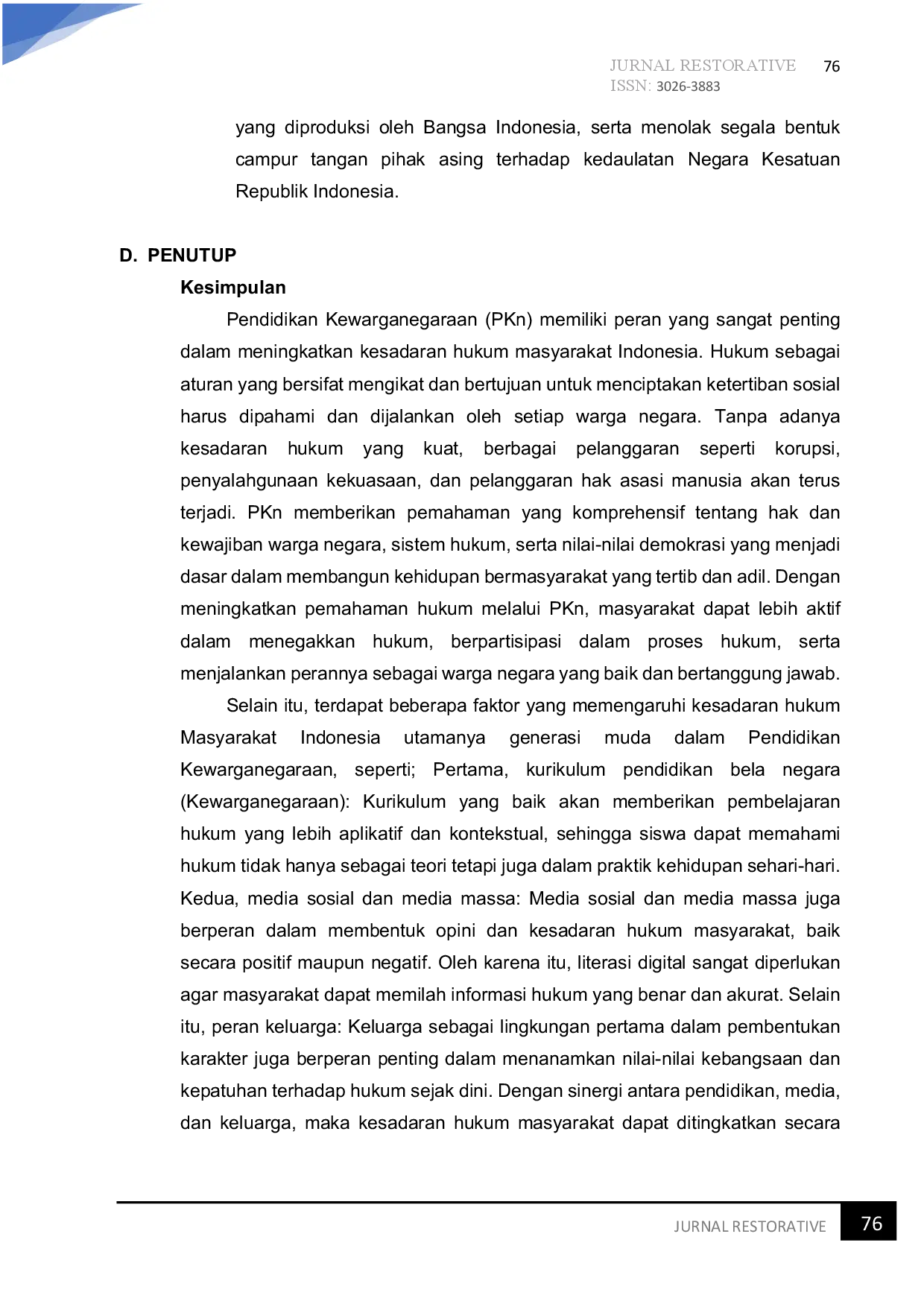 juris Pentingnya Pendidikan Kewarganegaraan Terhadap Peningkatan Kesadaran Hukum Masyarakat Indonesia