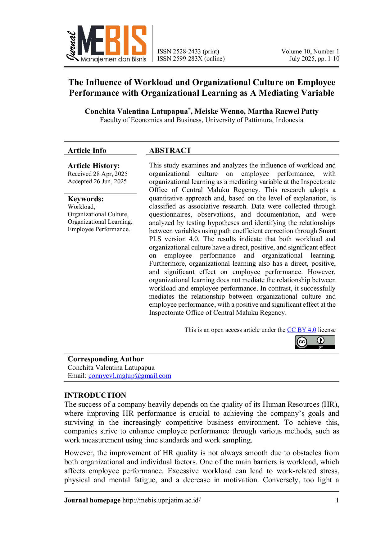 JURIS The Influence of Workload and Organizational Culture on Employee Performance with Organizational Learning as A Mediating Variable