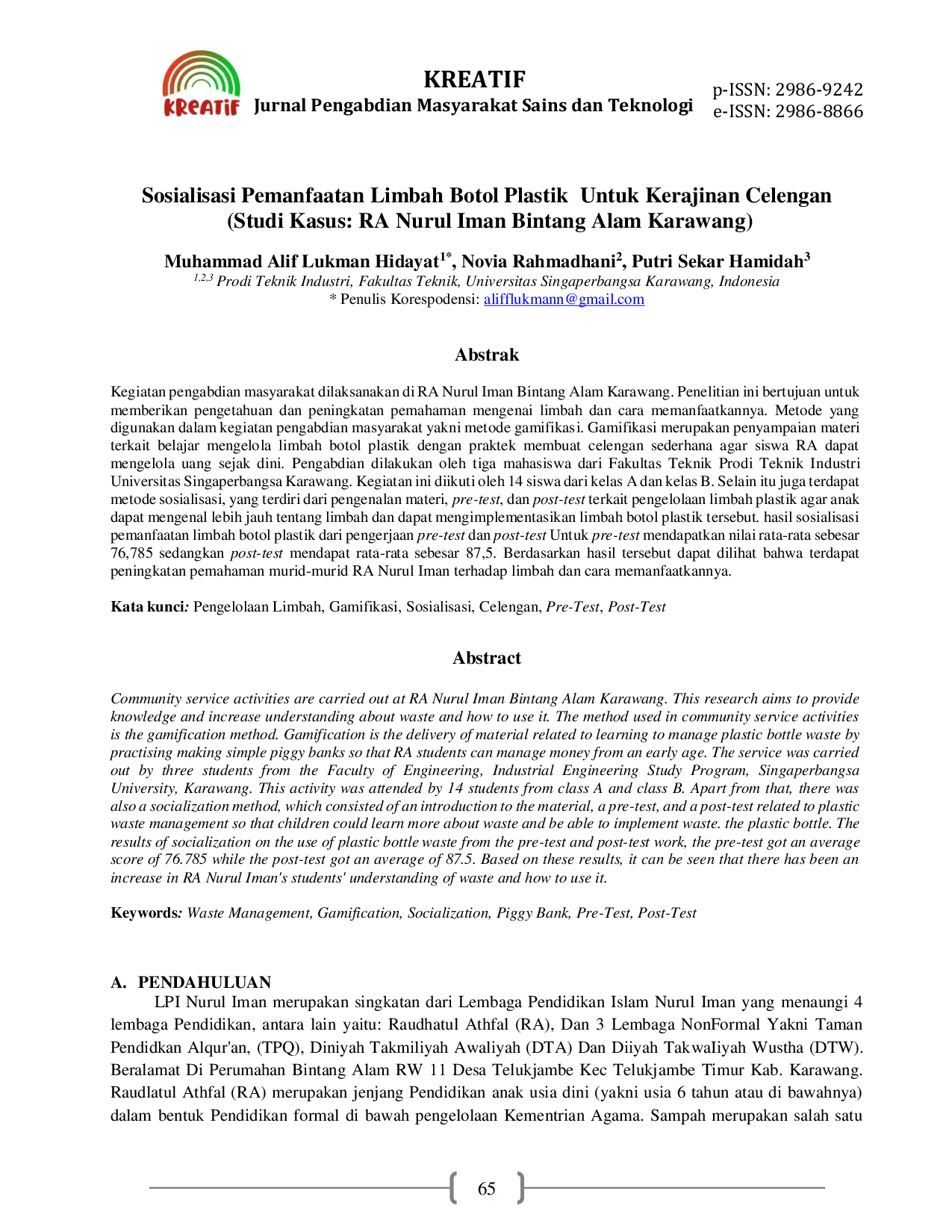JURIS Sosialisasi Pemanfaatan Limbah Botol Plastik Untuk Kerajinan Celengan Studi Kasus Ra Nurul Iman Bintang Alam Karawang