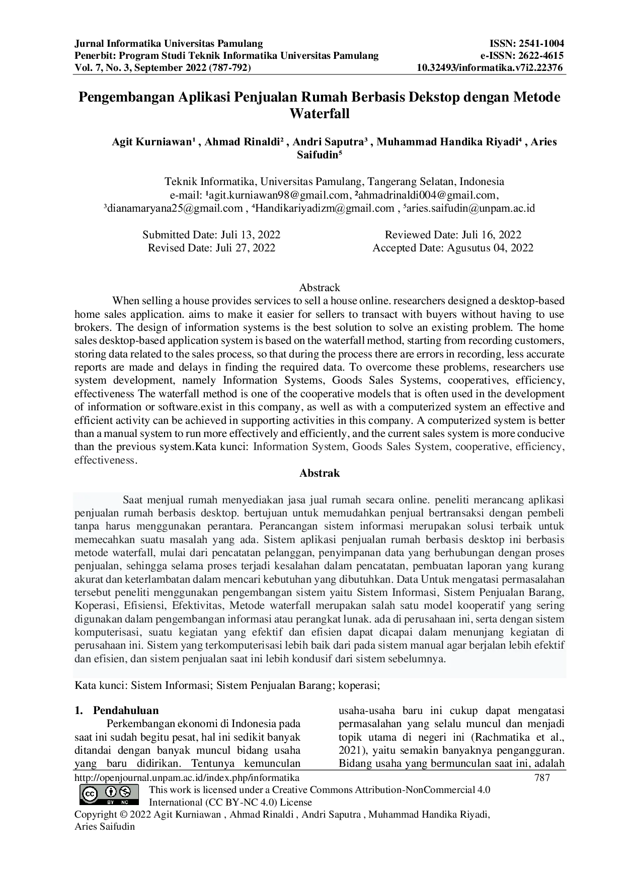 JURIS Pengembangan Aplikasi Penjualan Rumah Berbasis Dekstop dengan Metode Waterfall