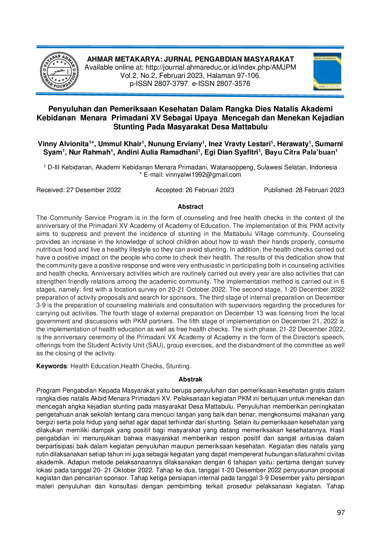 juris Penyuluhan dan Pemeriksaan Kesehatan Dalam Rangka Dies Natalis Akademi Kebidanan Menara Primadani XV Sebagai Upaya Mencegah dan Menekan Kejadian Stunting Pada Masyarakat Desa Mattabulu