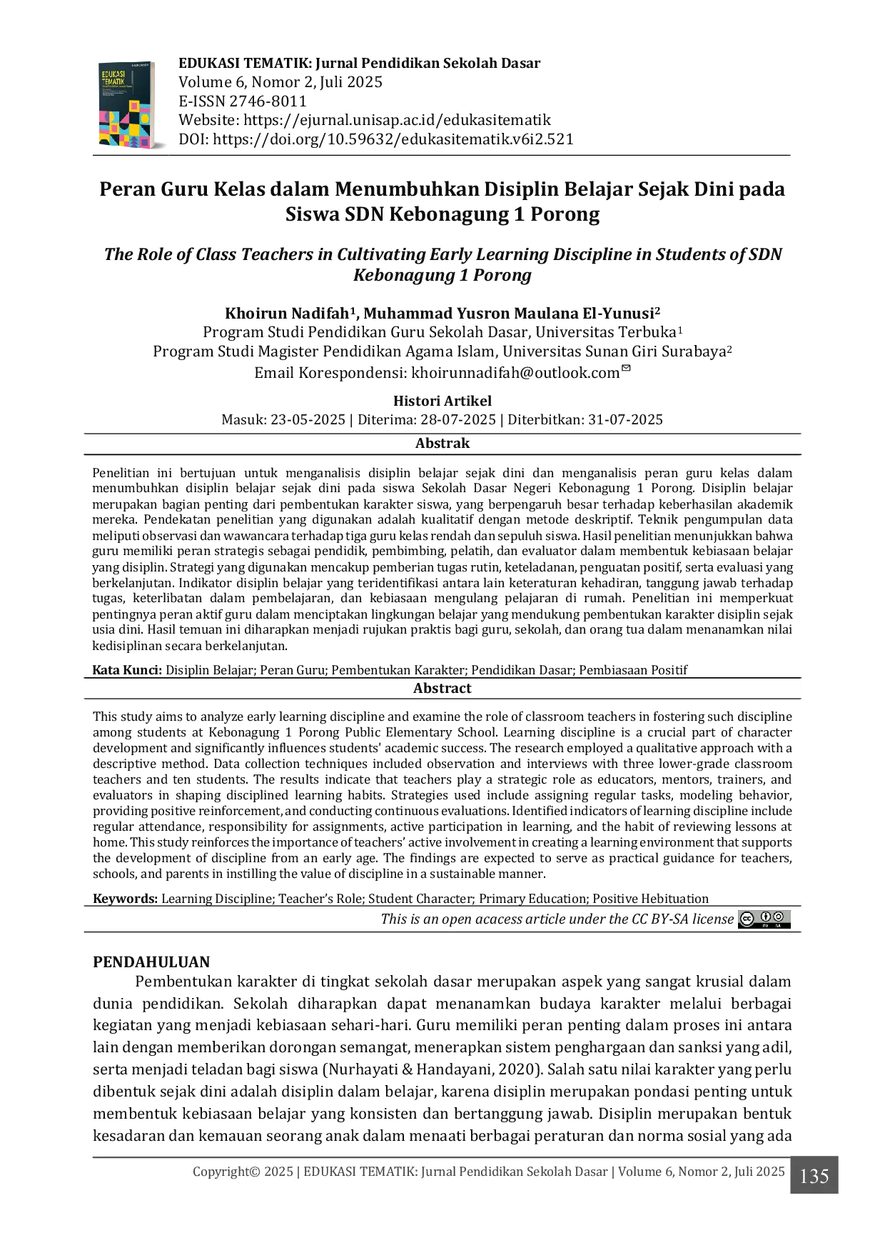 JURIS Peran Guru Kelas dalam Menumbuhkan Disiplin Belajar Sejak Dini pada Siswa SDN Kebonagung 1 Porong