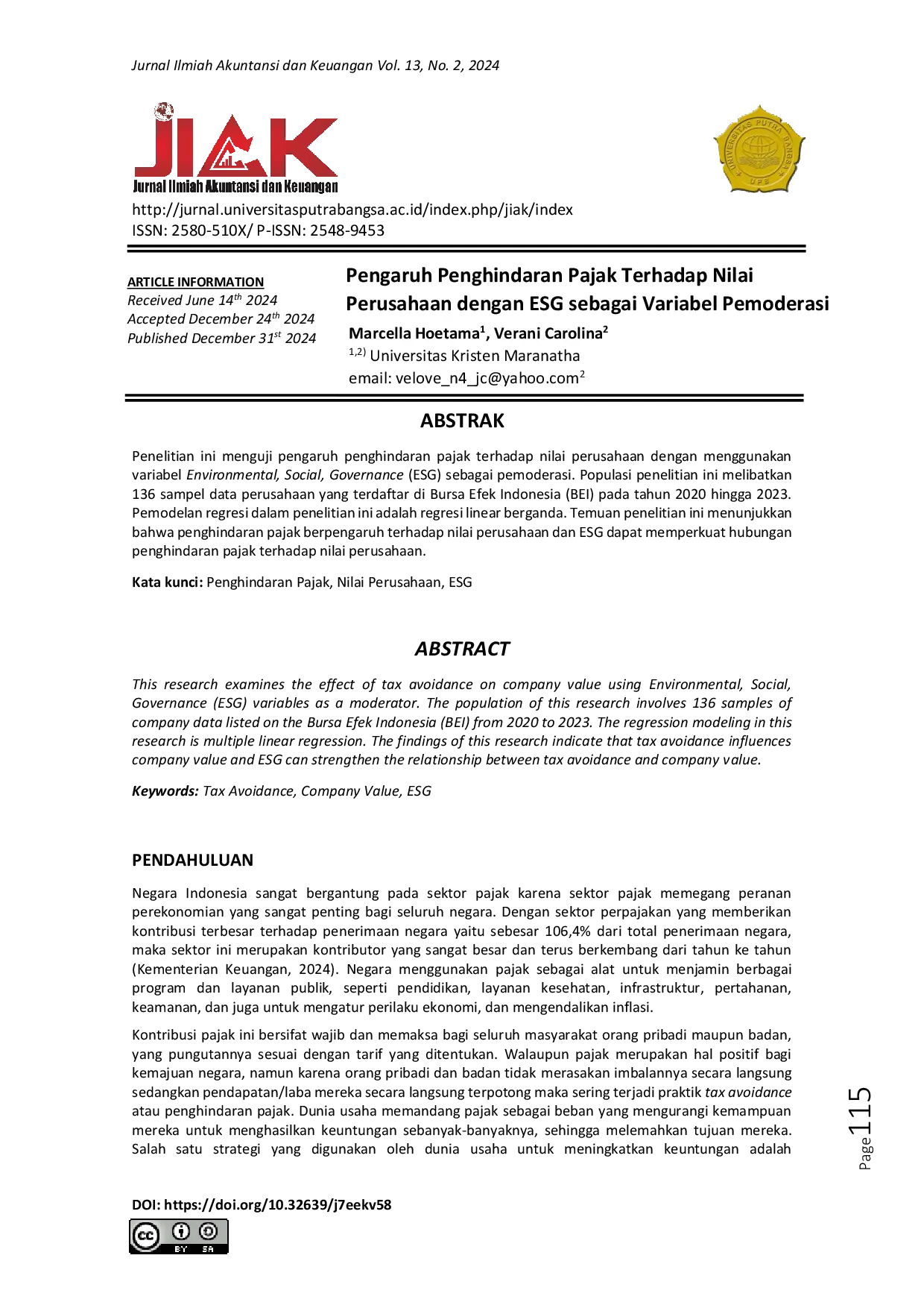 JURIS Pengaruh Penghindaran Pajak Terhadap Nilai Perusahaan dengan ESG sebagai Variabel Pemoderasi