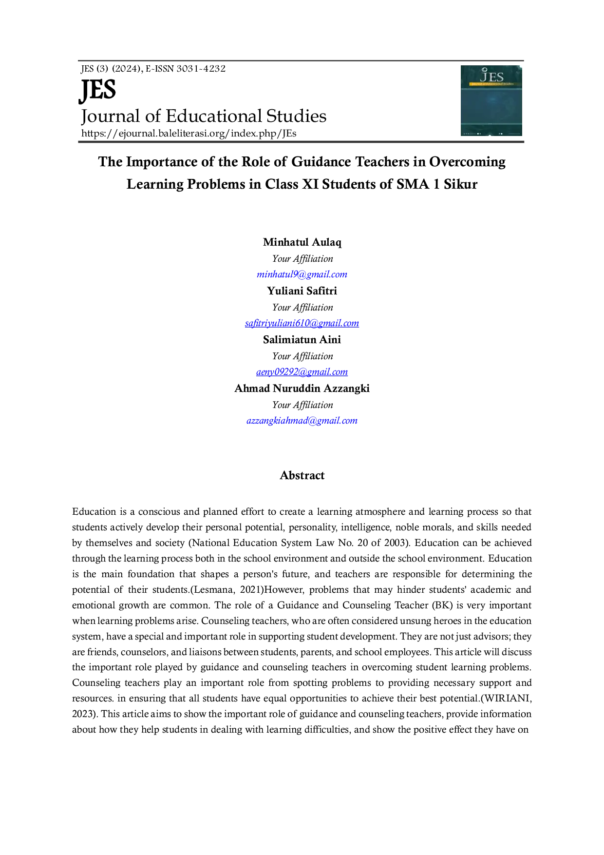 JURIS The Importance of the Role of Guidance Teachers in Overcoming Learning Problems in Class XI Students of SMA 1 Sikur