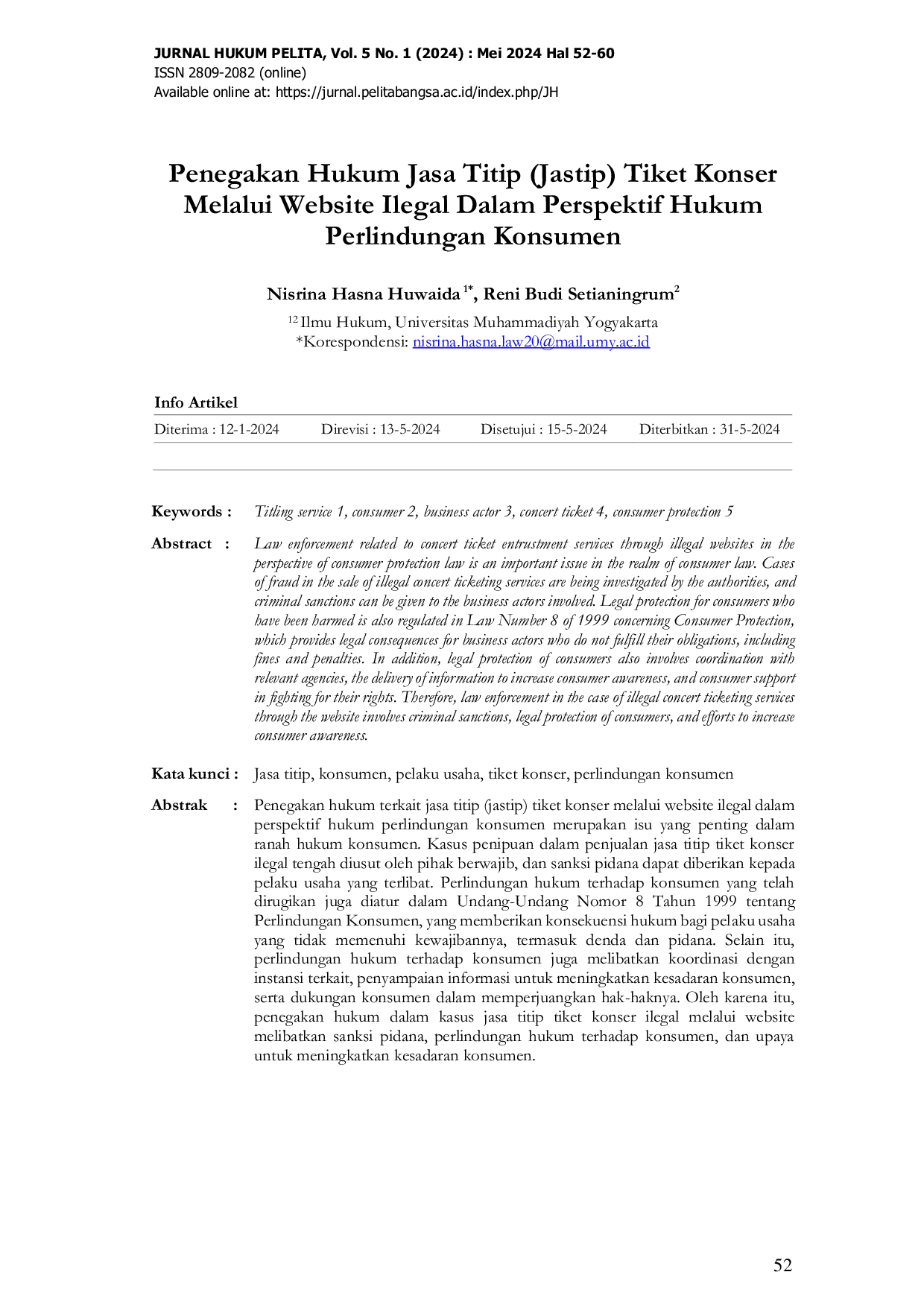 JURIS Penegakan Hukum Jasa Titip Jastip Tiket Konser Melalui Website Ilegal Dalam Perspektif Hukum Perlindungan Konsumen