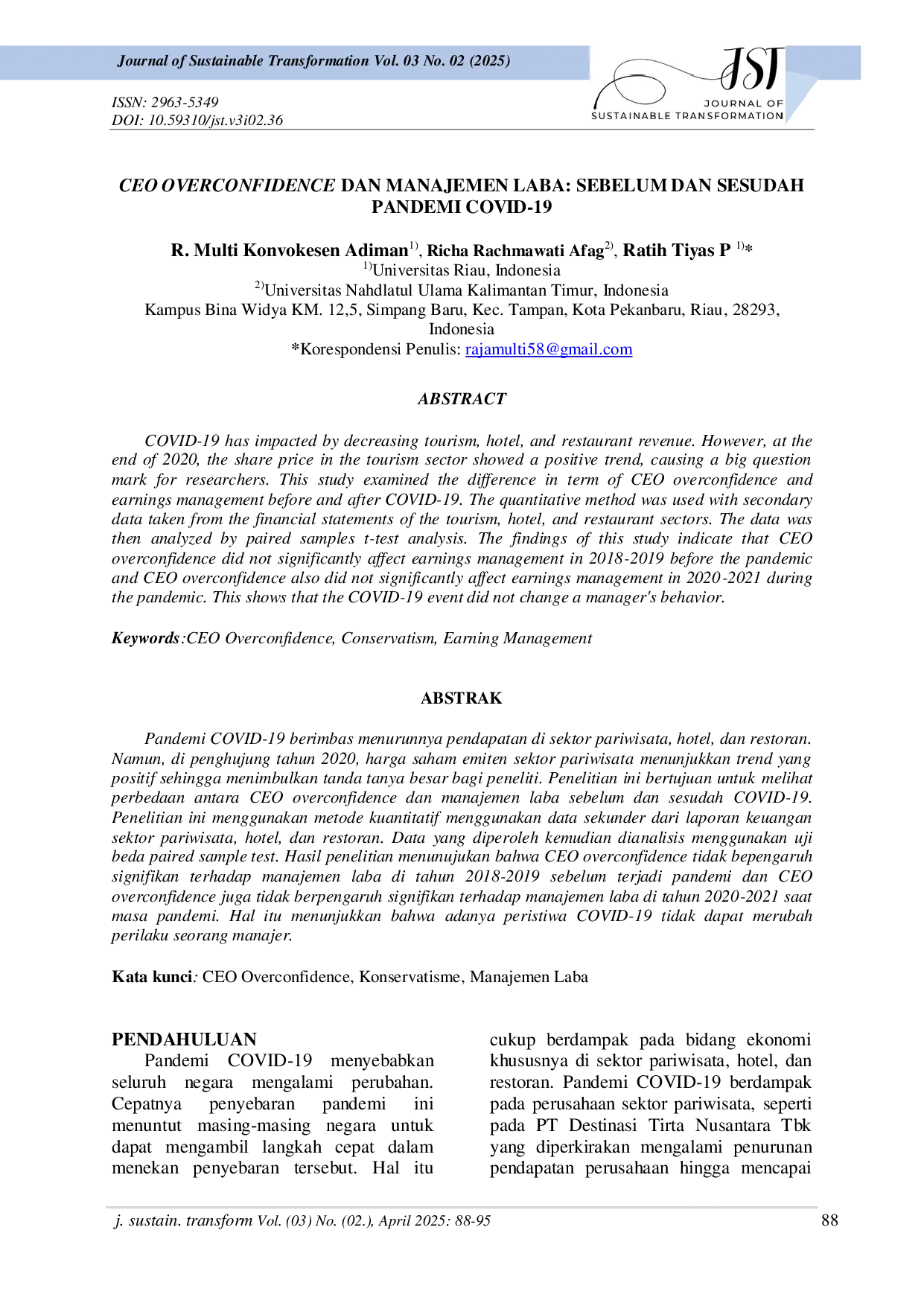 JURIS CEO Overconfidence dan Manajemen Laba Sebelum dan Sesudah Pandemi COVID 19