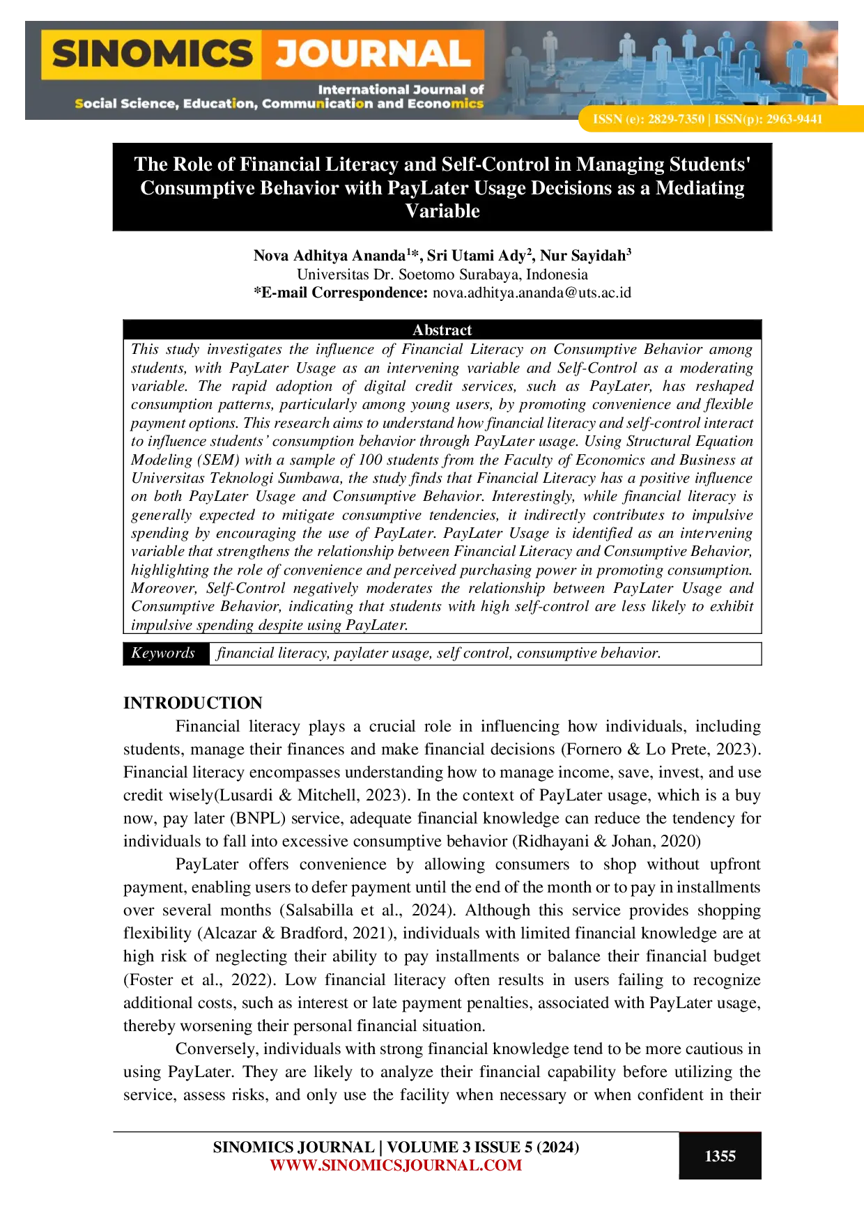 JURIS The Role of Financial Literacy and Self Control in Managing Students Consumptive Behavior with PayLater Usage Decisions as a Mediating Variable
