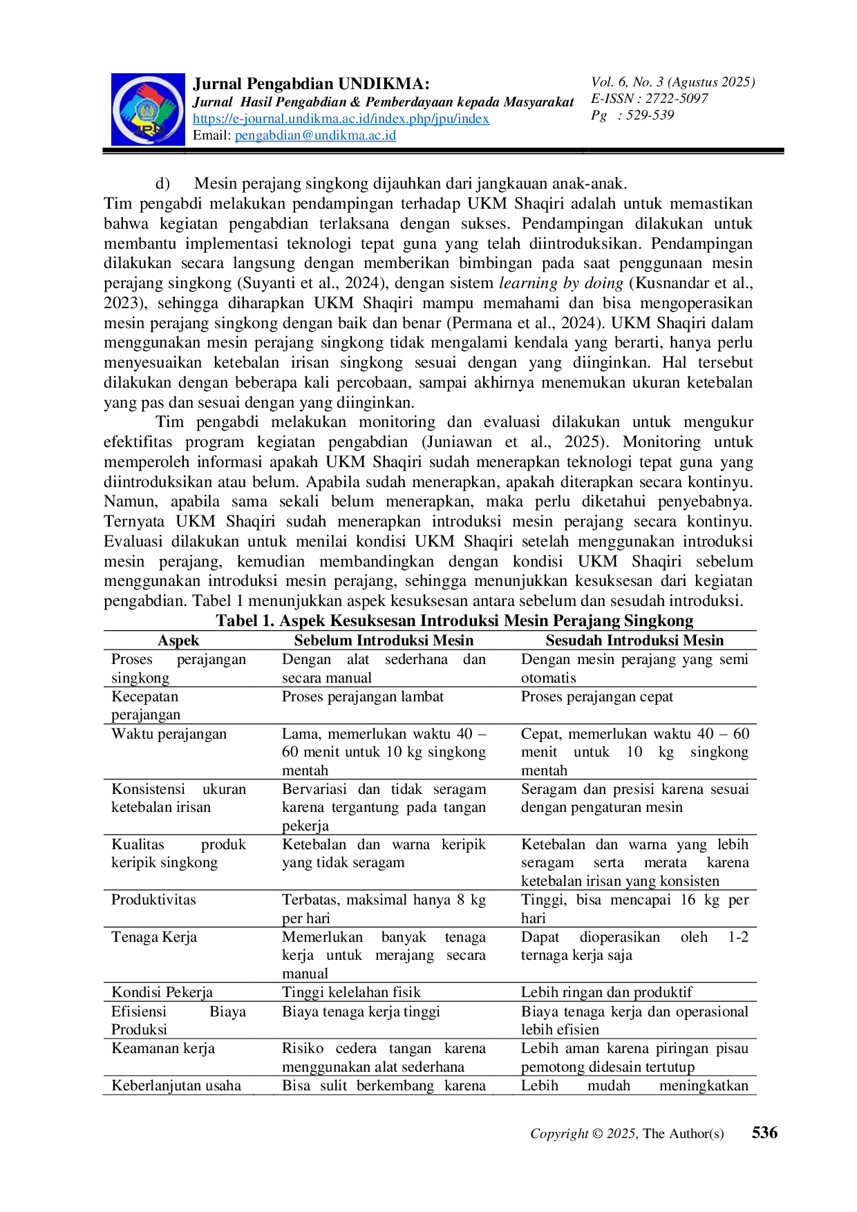 JURIS Introduksi Teknologi Tepat Guna Mesin Perajang Singkong Sebagai Upaya Peningkatan Usaha UKM Shaqiri Kabupaten Boyolali
