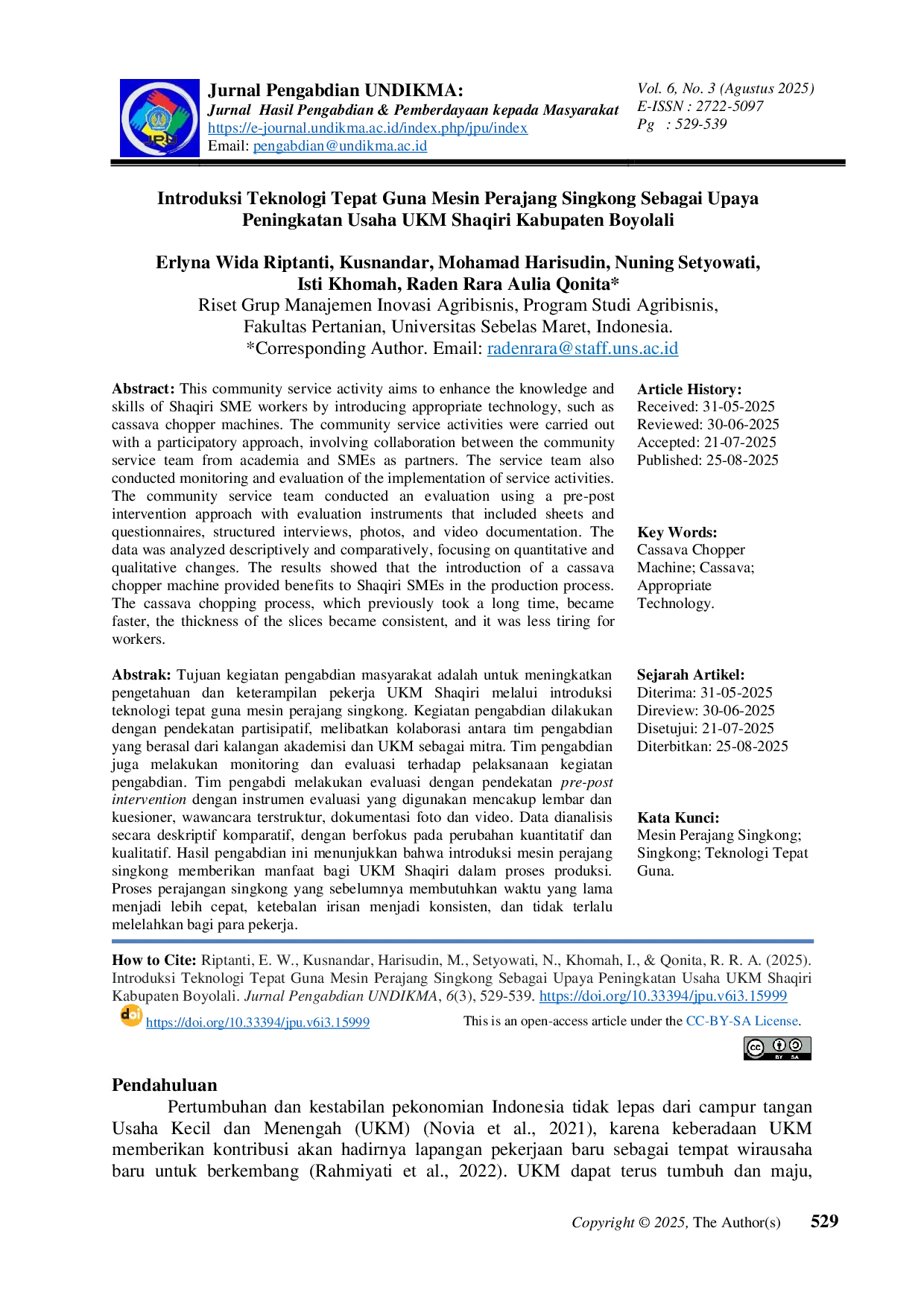 JURIS Introduksi Teknologi Tepat Guna Mesin Perajang Singkong Sebagai Upaya Peningkatan Usaha UKM Shaqiri Kabupaten Boyolali