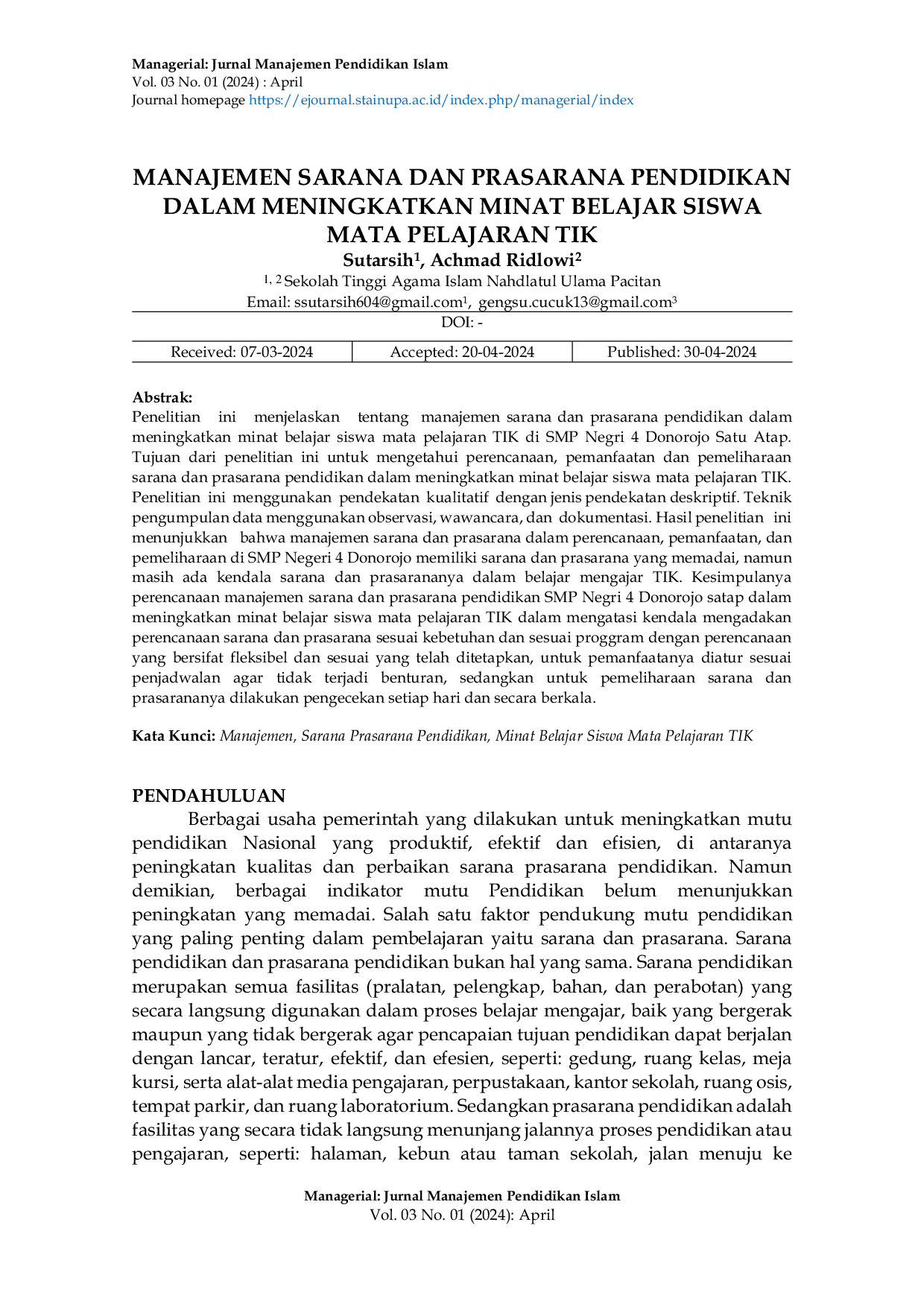 JURIS Manajemen Sarana Dan Prasarana Pendidikan Dalam Meningkatkan Minat Belajar Siswa Mata Pelajaran Tik