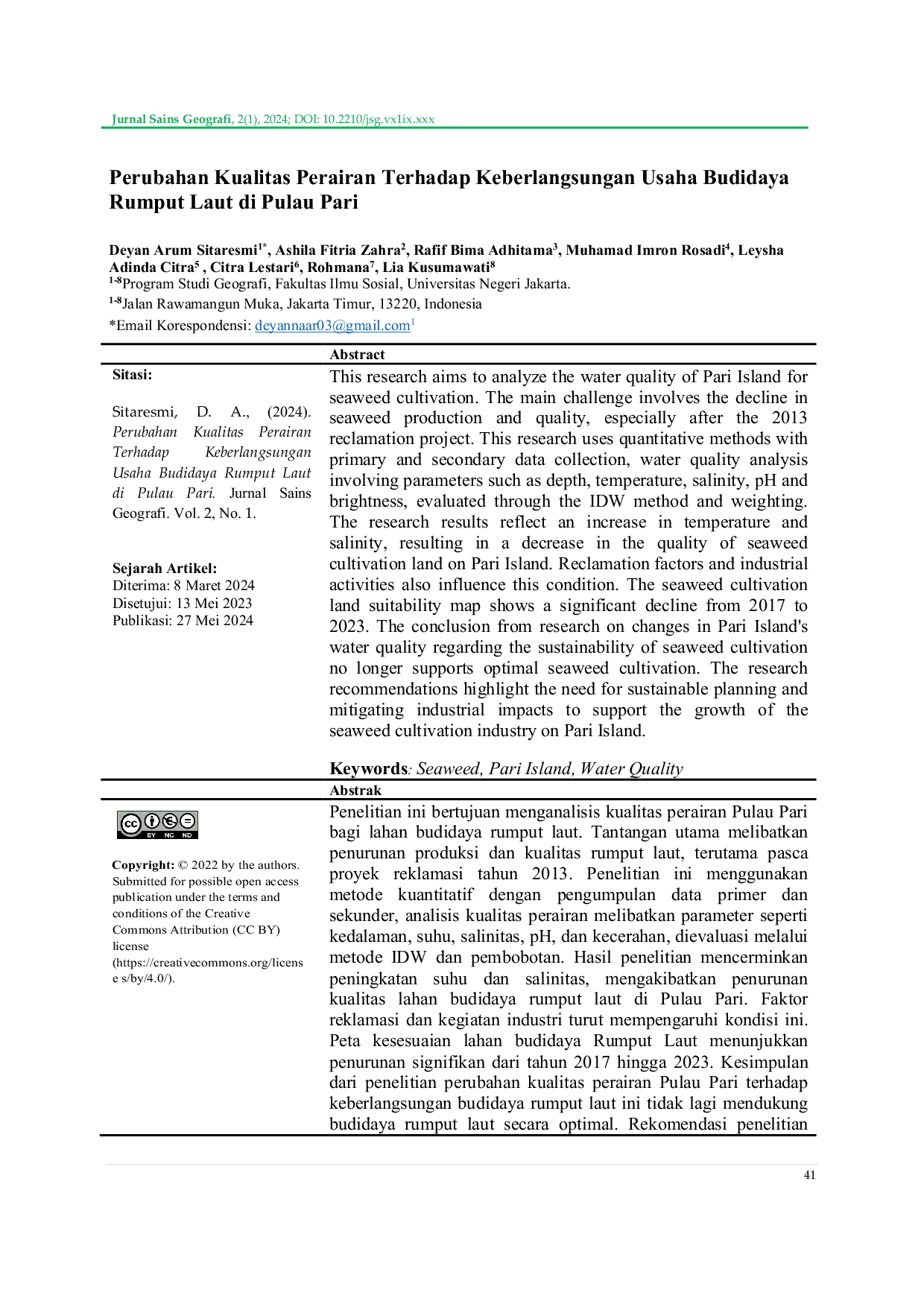 JURIS Changes in Water Quality on the Sustainability of Seaweed Cultivation Business on Pari Island